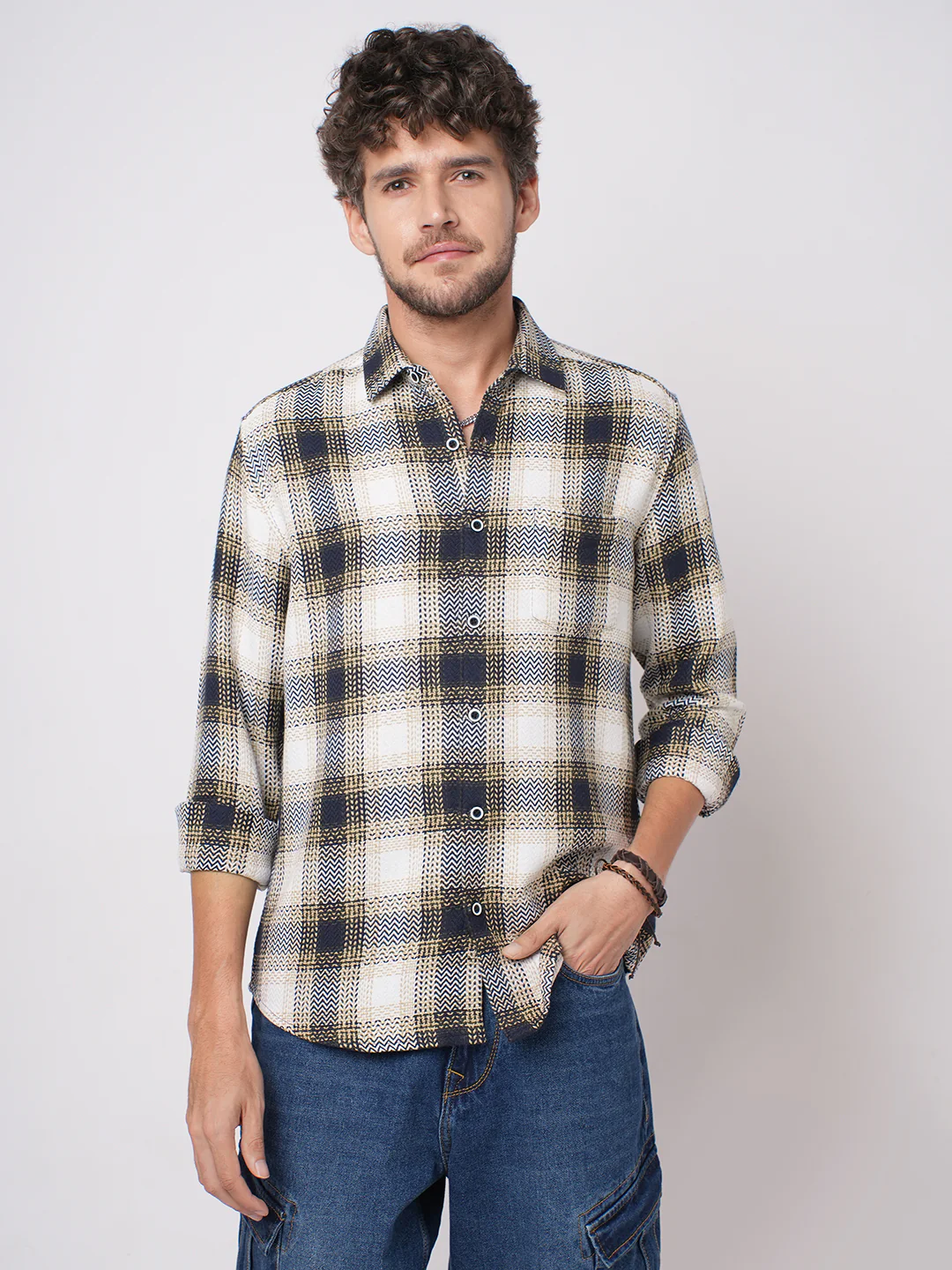 Off-White & Black Chevron Echo Tweed Checks Shirt - Image 5