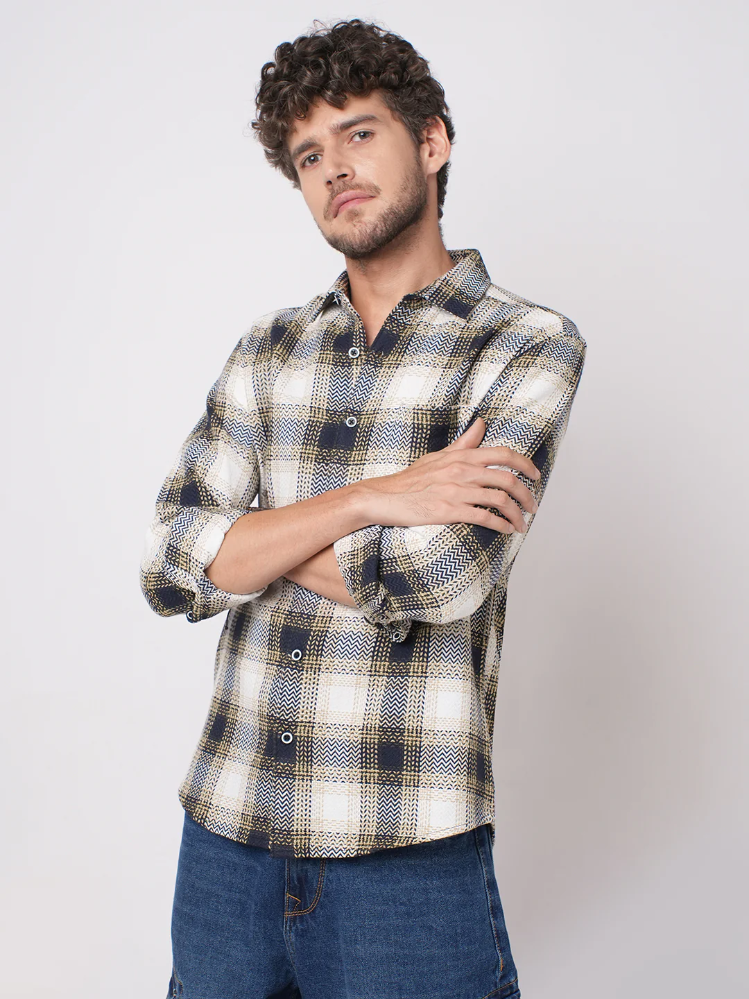 Off-White & Black Chevron Echo Tweed Checks Shirt - Image 6