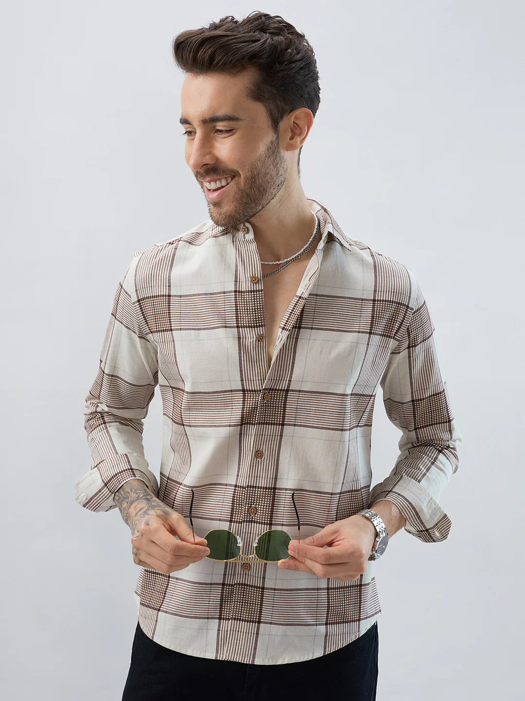 Off White & Brown Checkered Shirt - Image 2