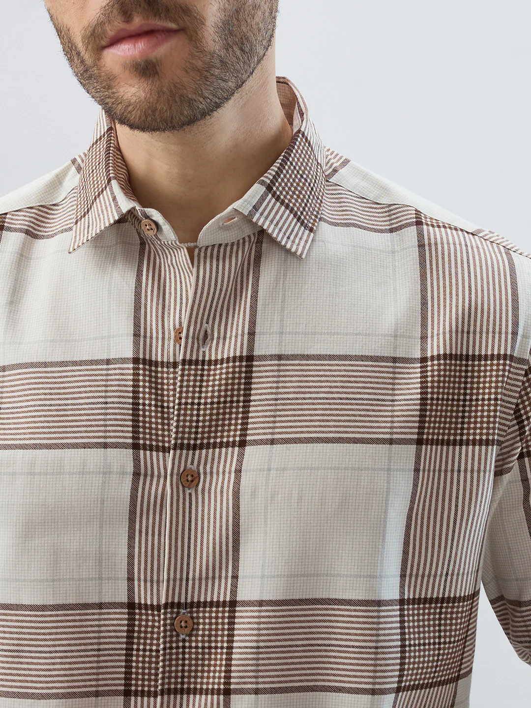 Off White & Brown Checkered Shirt - Image 3