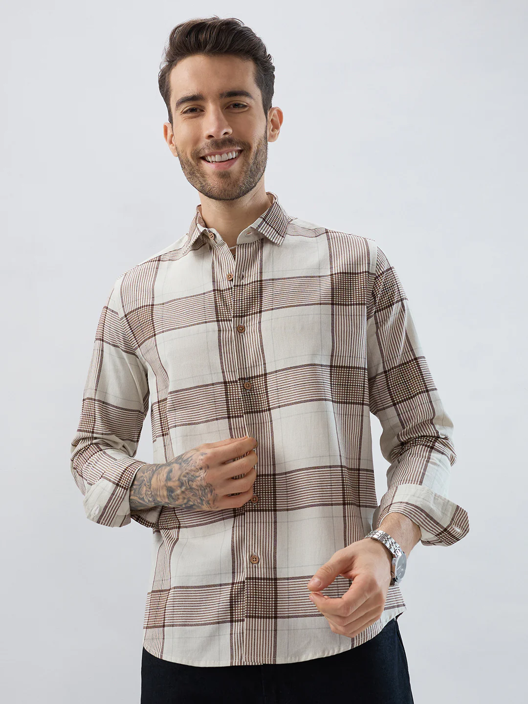 Off White & Brown Checkered Shirt - Image 4