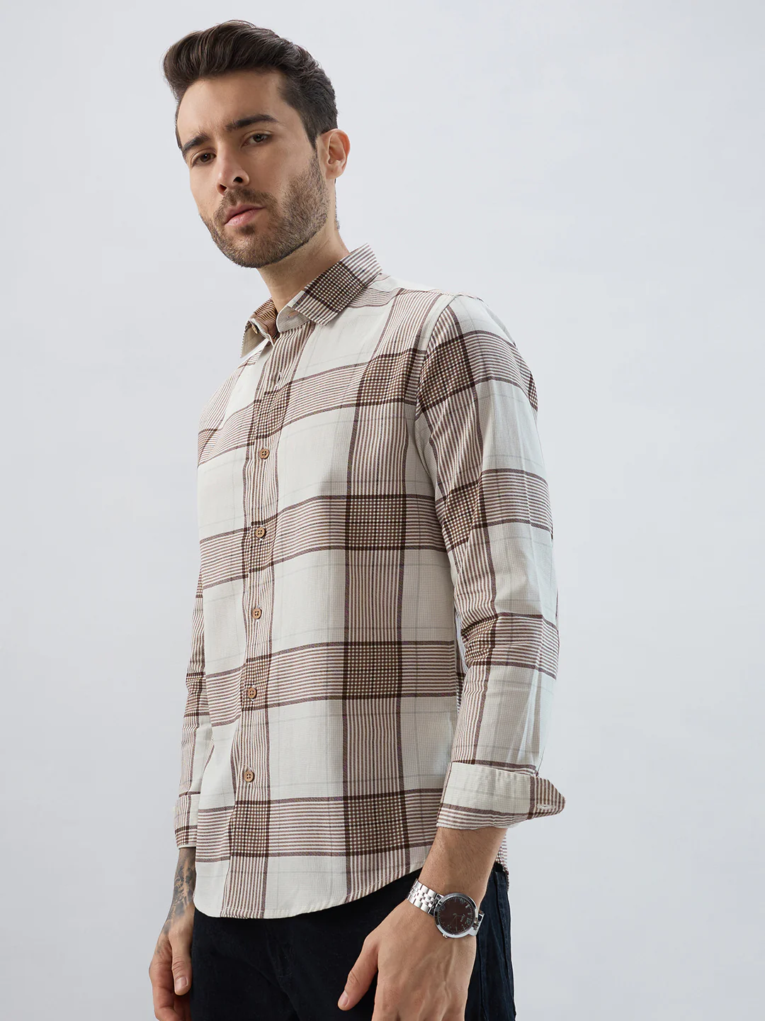 Off White & Brown Checkered Shirt - Image 5