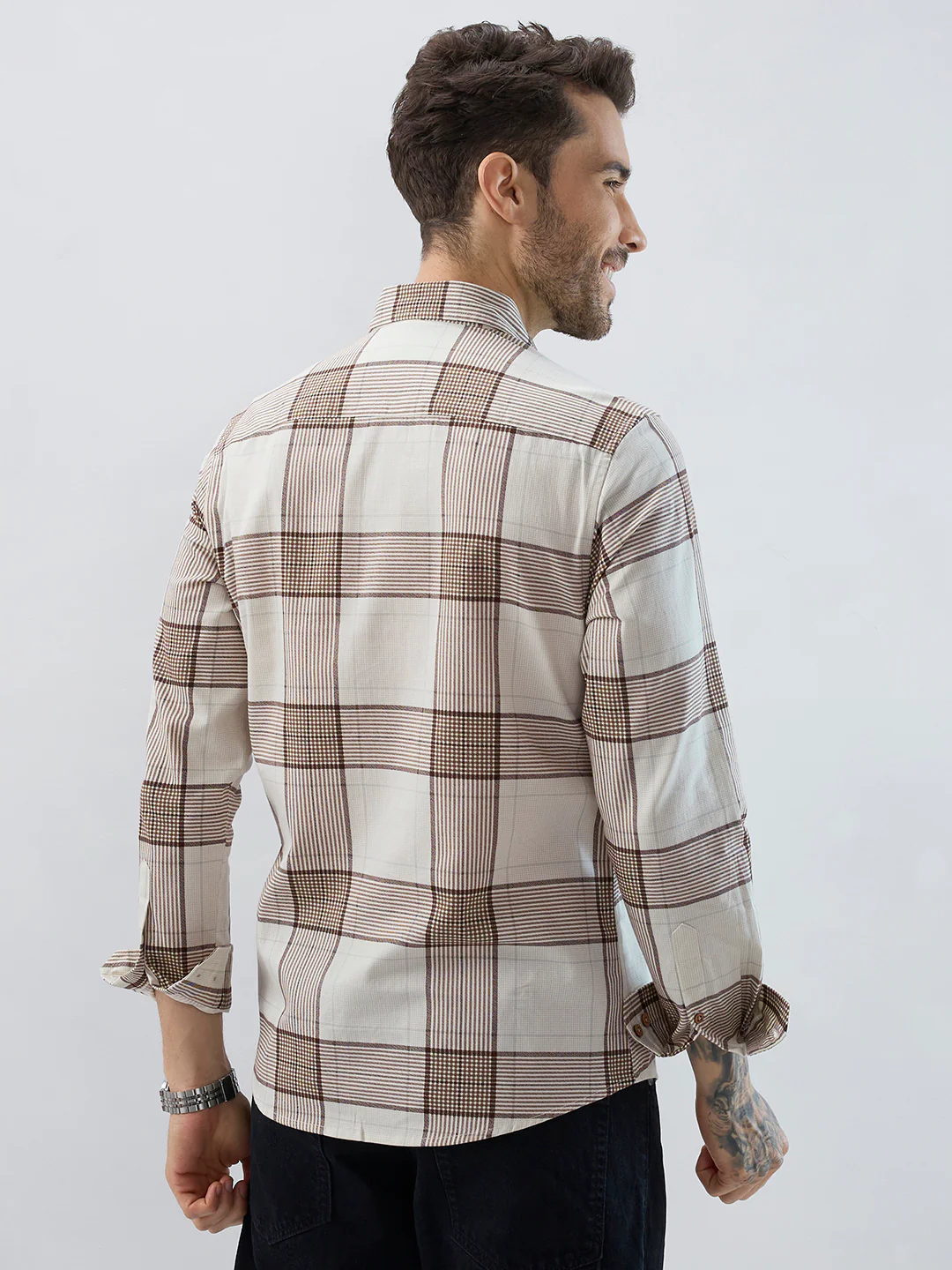 Off White & Brown Checkered Shirt - Image 6