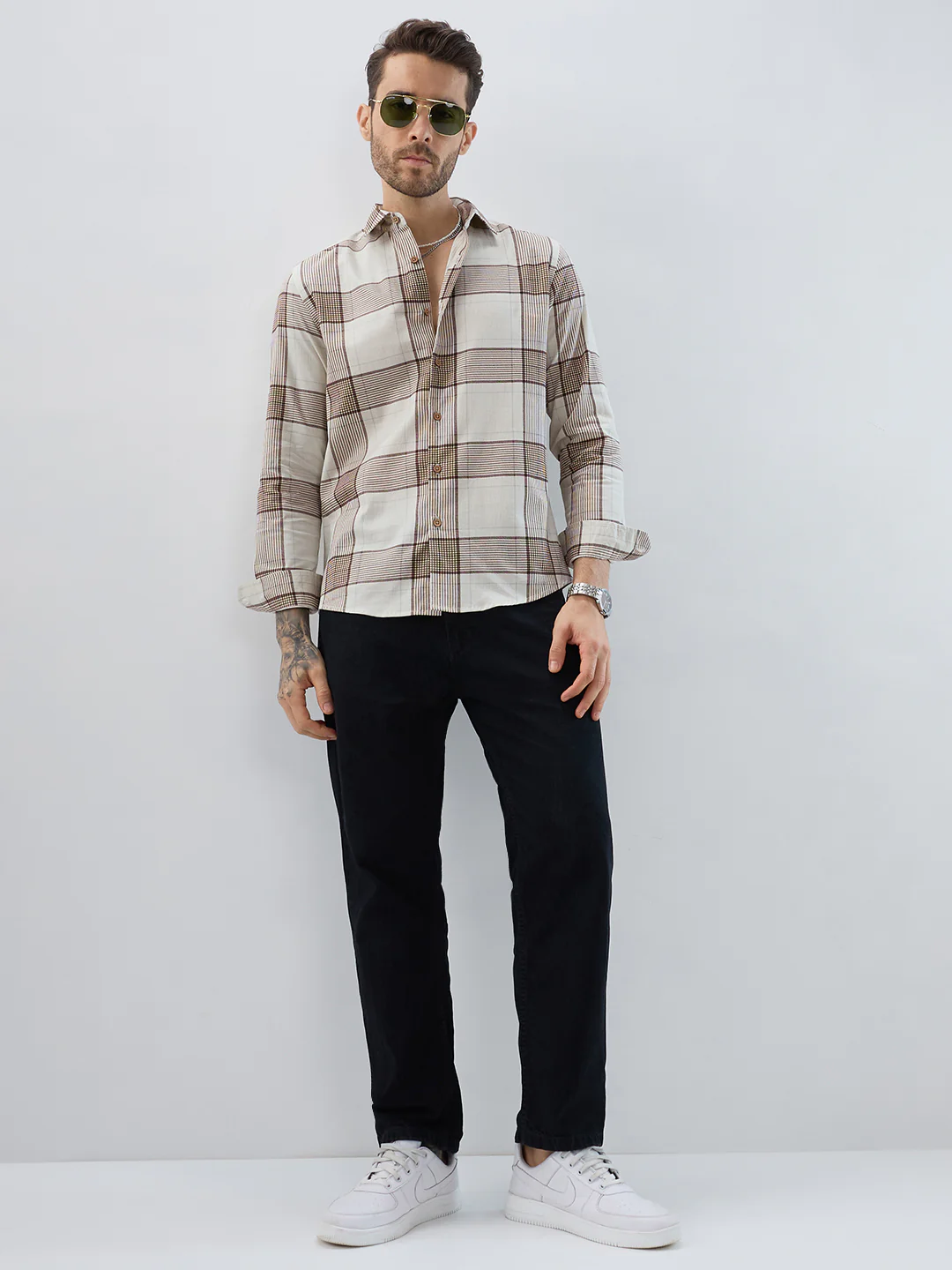 Off White & Brown Checkered Shirt - Image 7