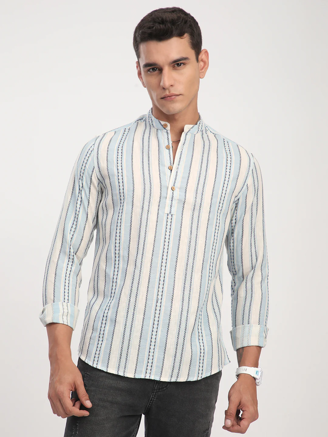 Off White & Columbia Blue Seabound Striped Kurta - Image 4