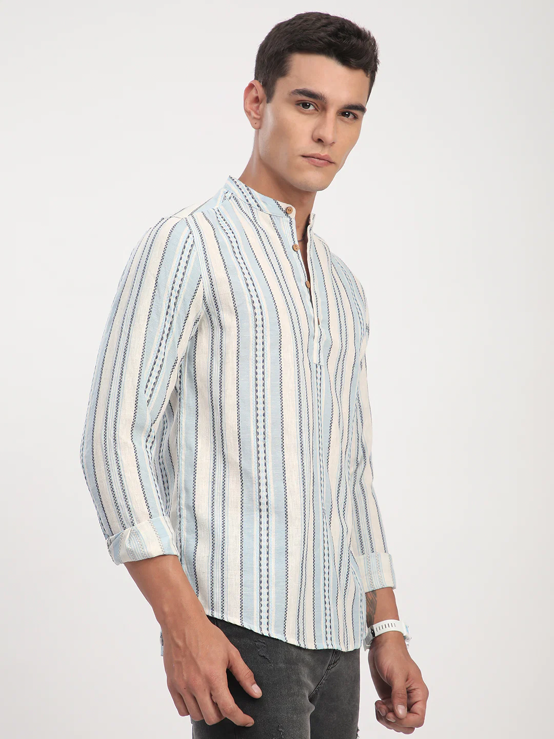 Off White & Columbia Blue Seabound Striped Kurta - Image 5