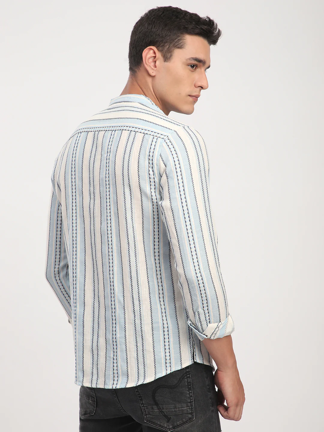 Off White & Columbia Blue Seabound Striped Kurta - Image 6