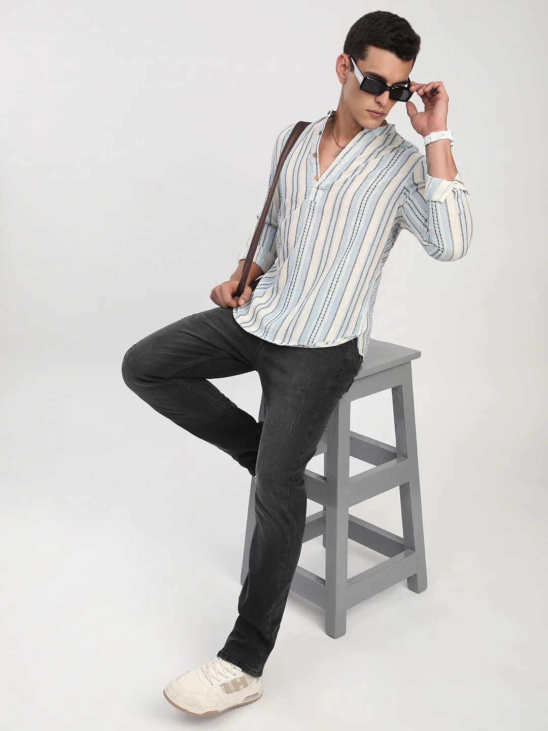 Off White & Columbia Blue Seabound Striped Kurta - Image 7