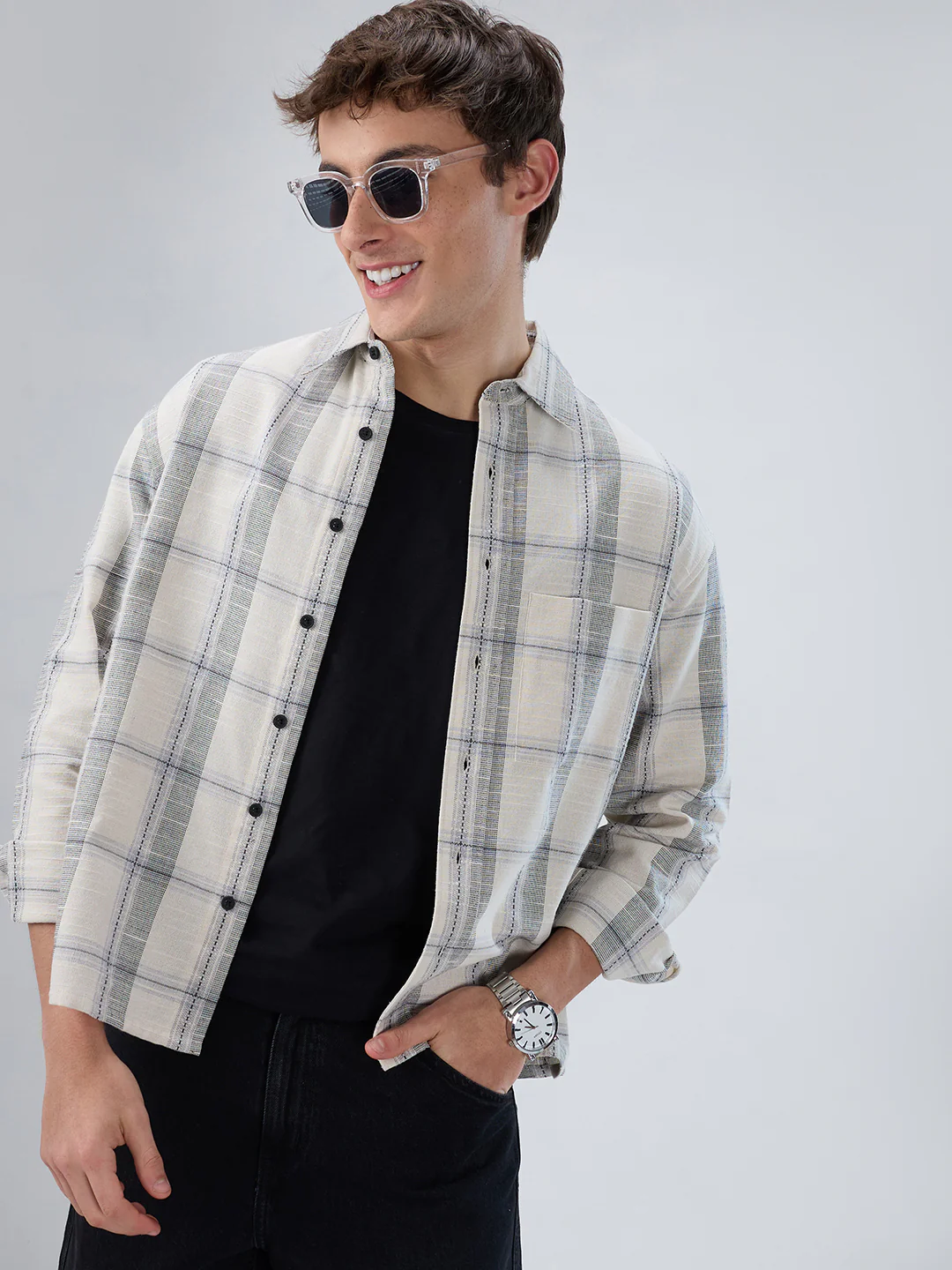 Off-White & Grey Jacquard Weave Checked Boxy Fit Crop Shirt - Image 2
