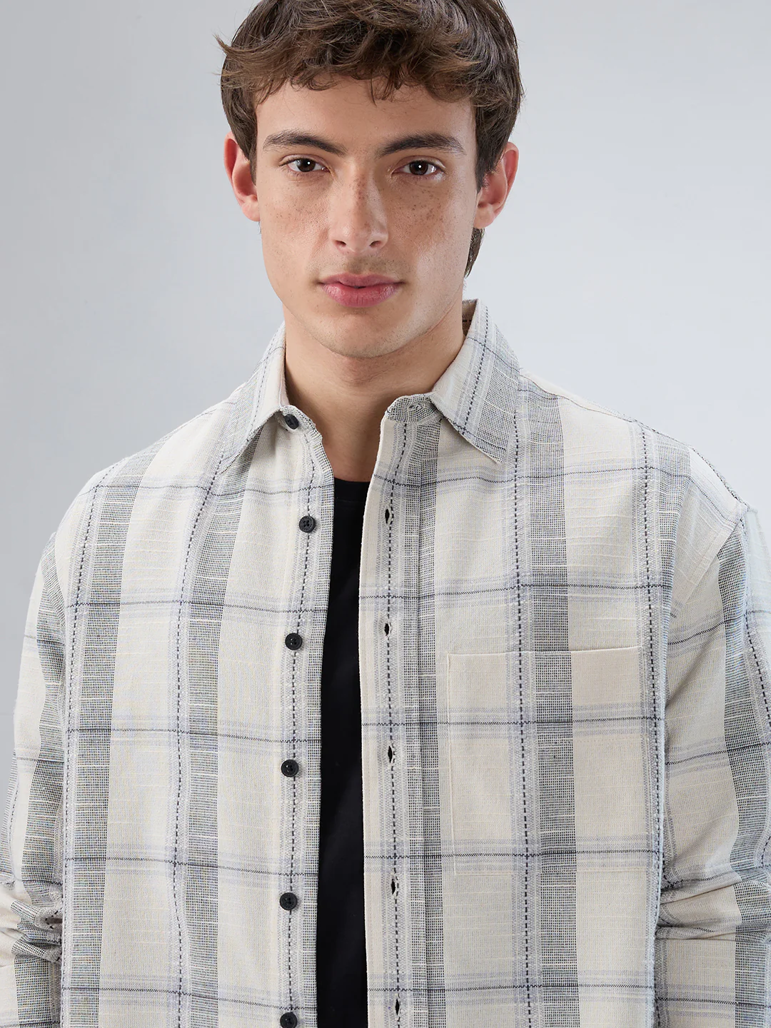 Off-White & Grey Jacquard Weave Checked Boxy Fit Crop Shirt - Image 3