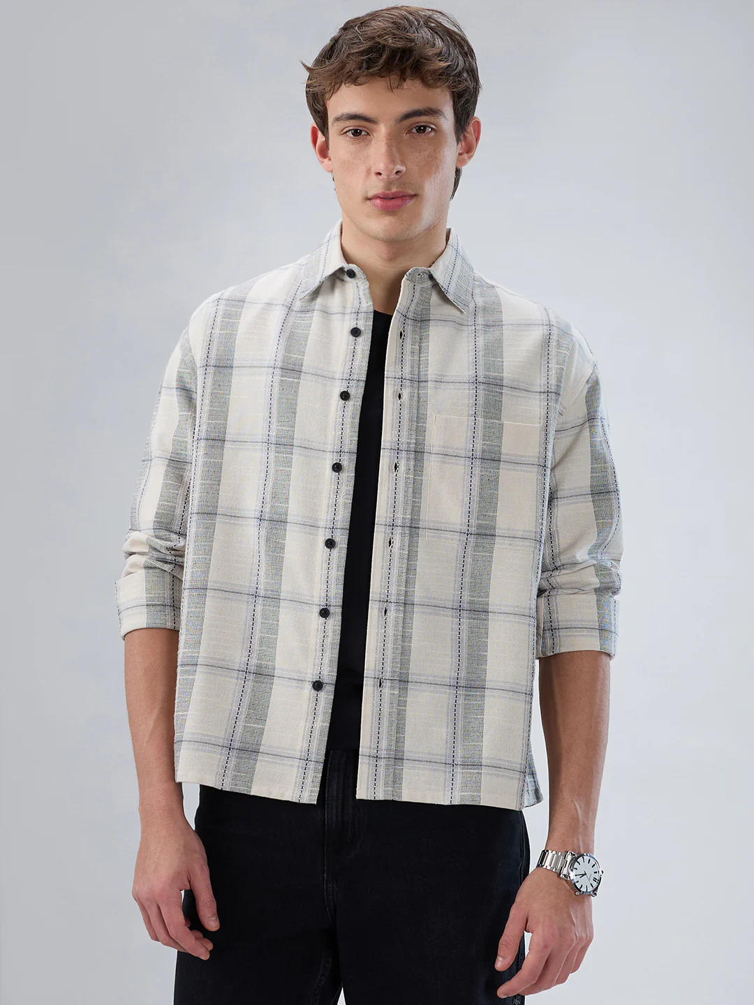 Off-White & Grey Jacquard Weave Checked Boxy Fit Crop Shirt - Image 4