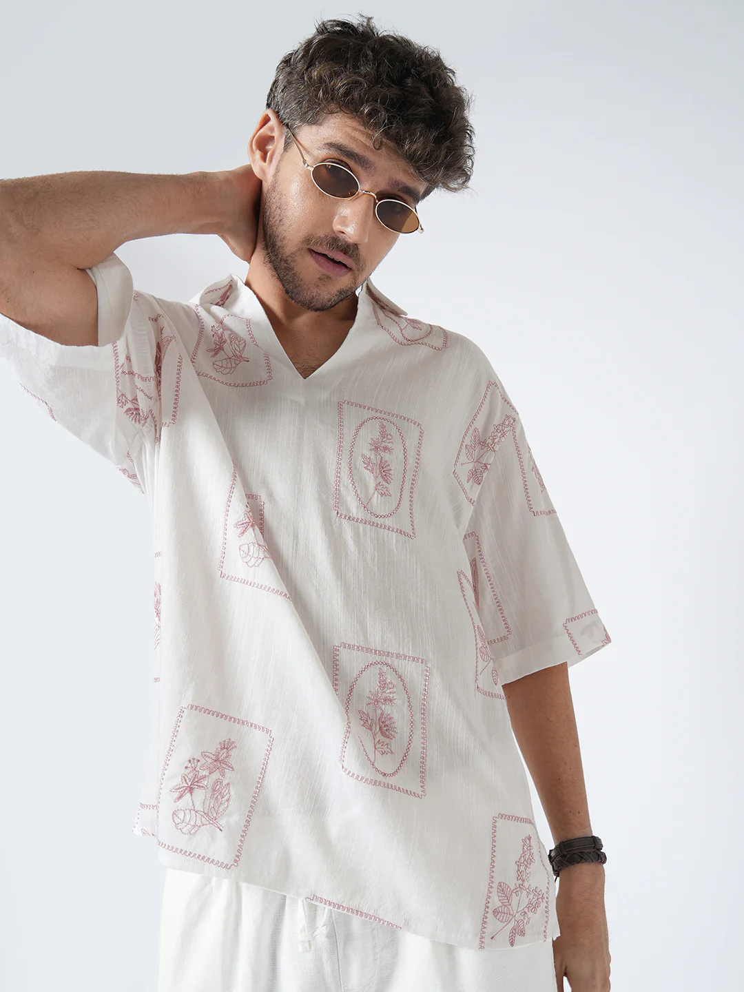 Old Rose Pink Floreal Frame Embroidery Polo Oversized Shirt - Image 2