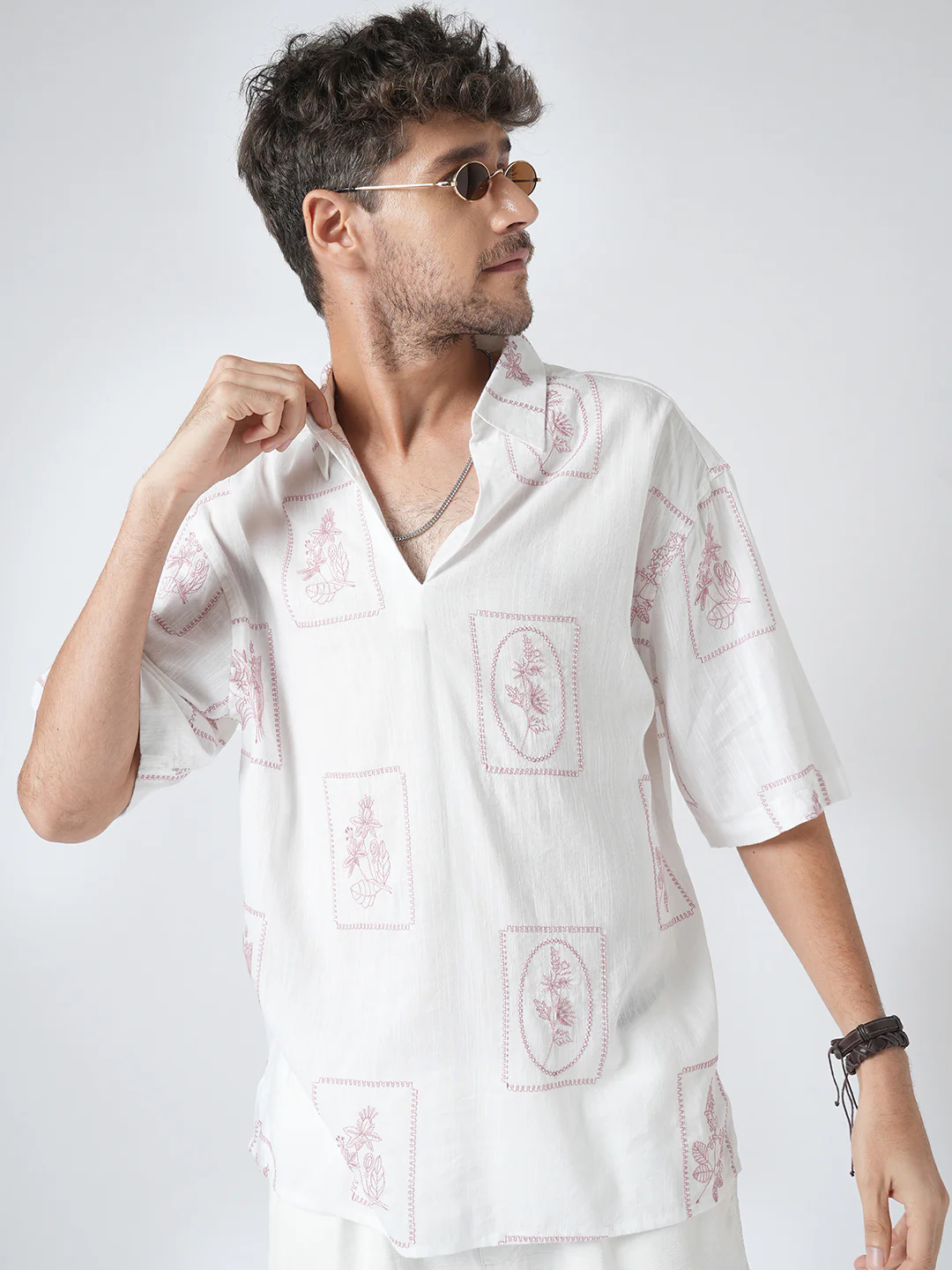 Old Rose Pink Floreal Frame Embroidery Polo Oversized Shirt - Image 4