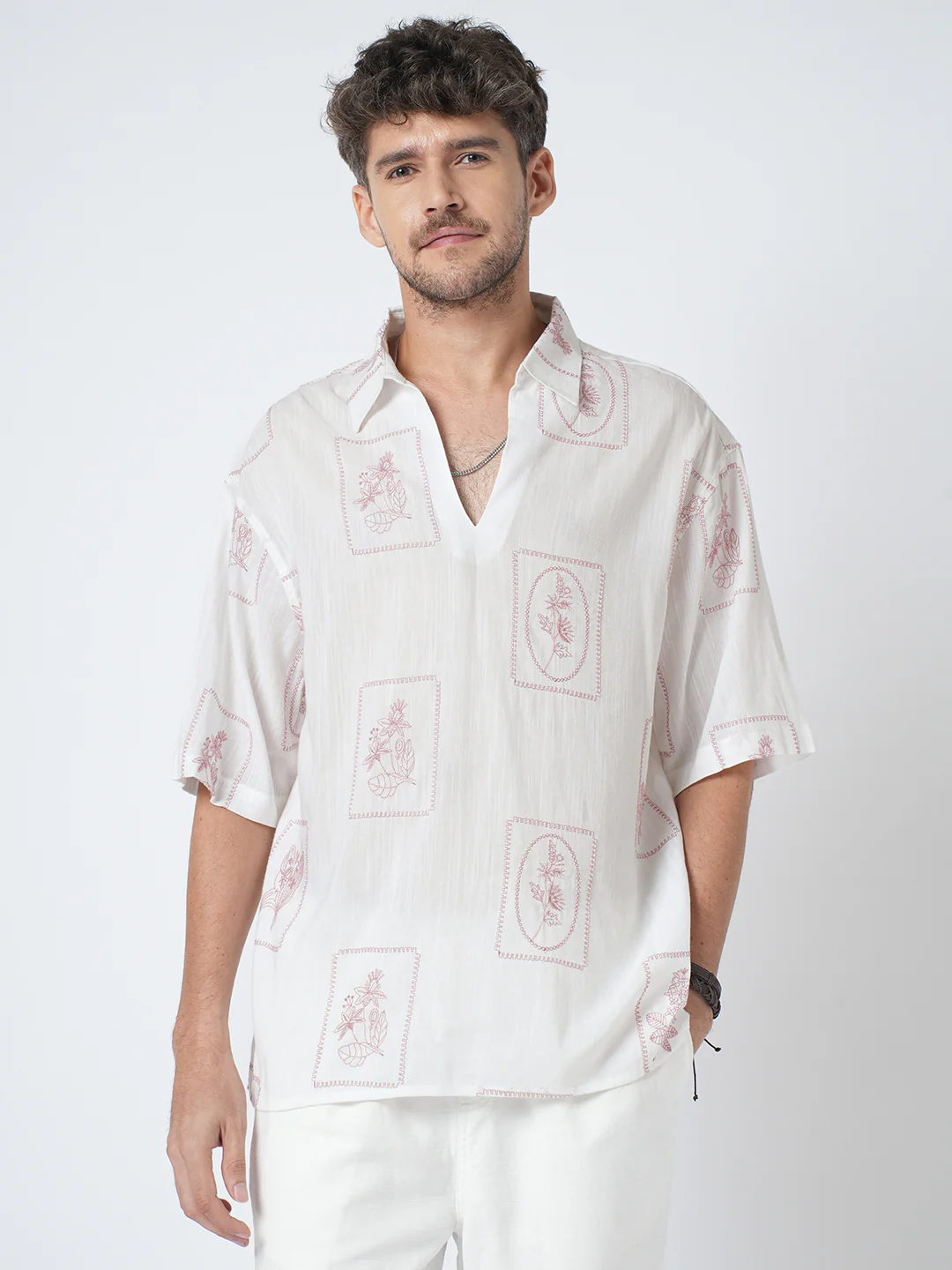 Old Rose Pink Floreal Frame Embroidery Polo Oversized Shirt - Image 5