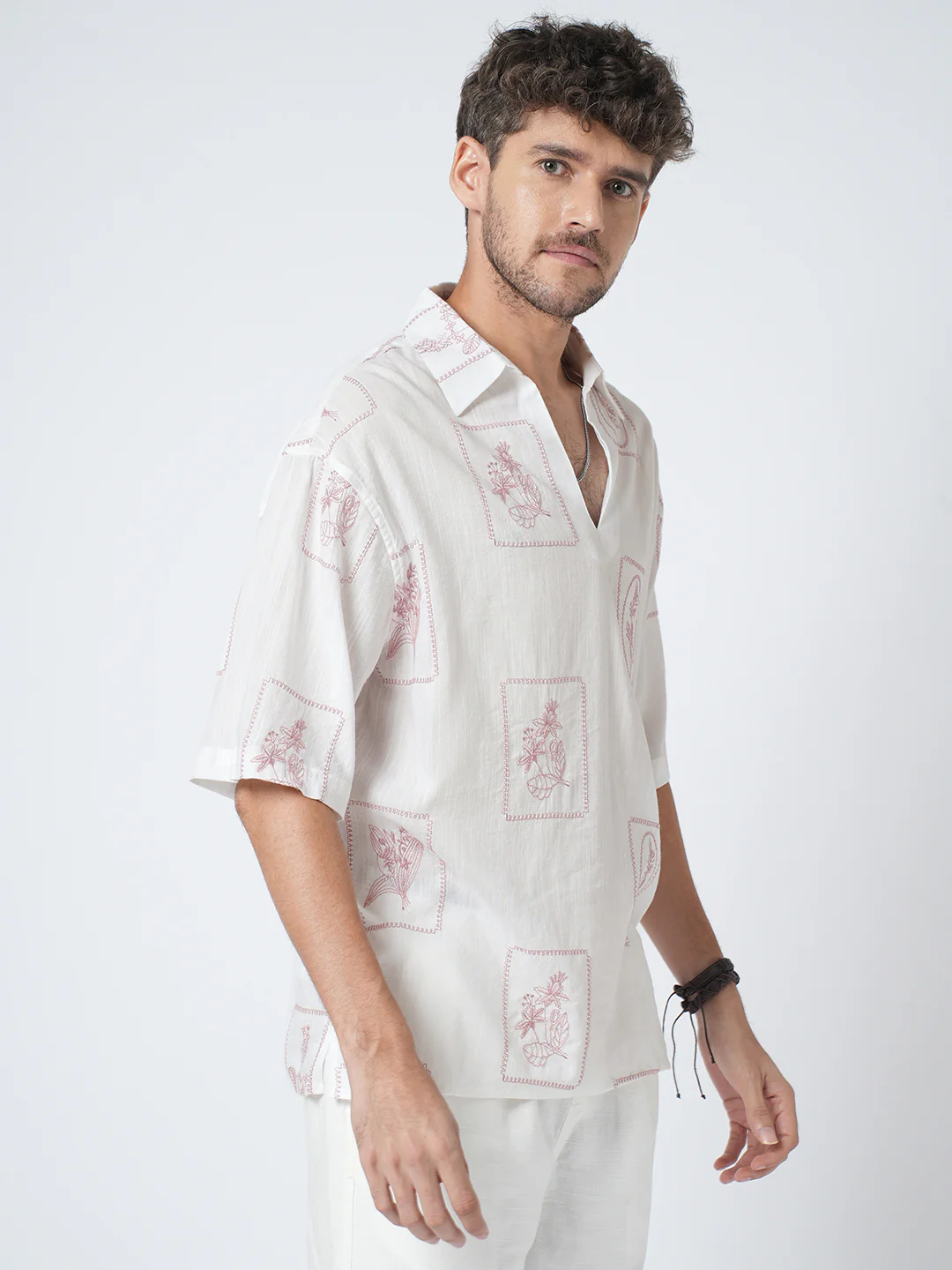 Old Rose Pink Floreal Frame Embroidery Polo Oversized Shirt - Image 6