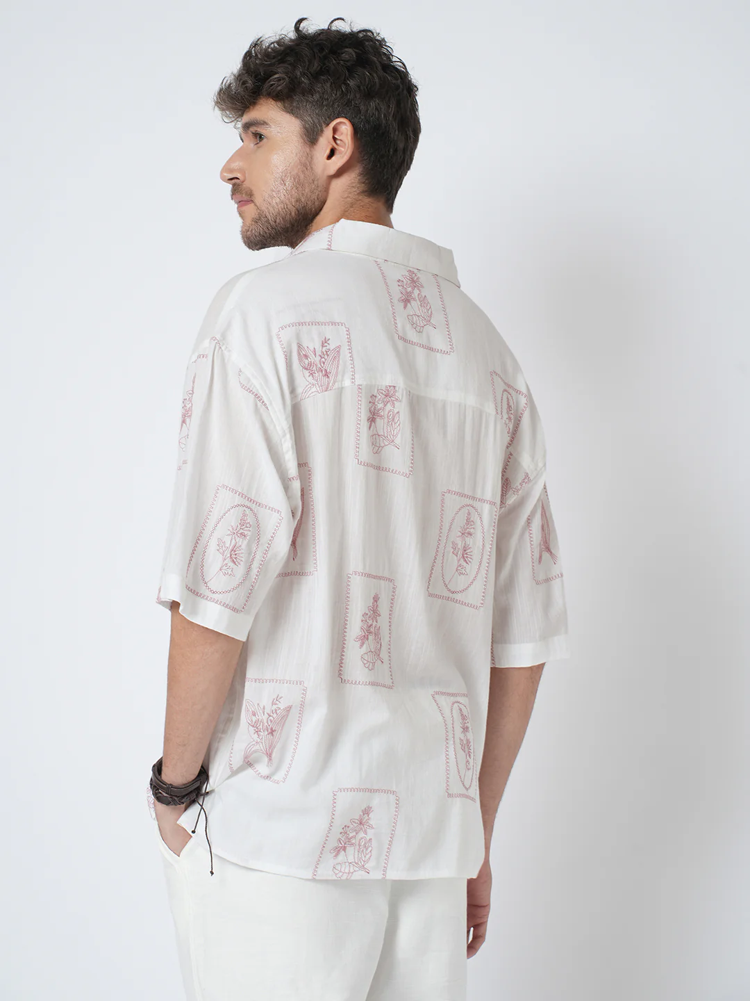 Old Rose Pink Floreal Frame Embroidery Polo Oversized Shirt - Image 7