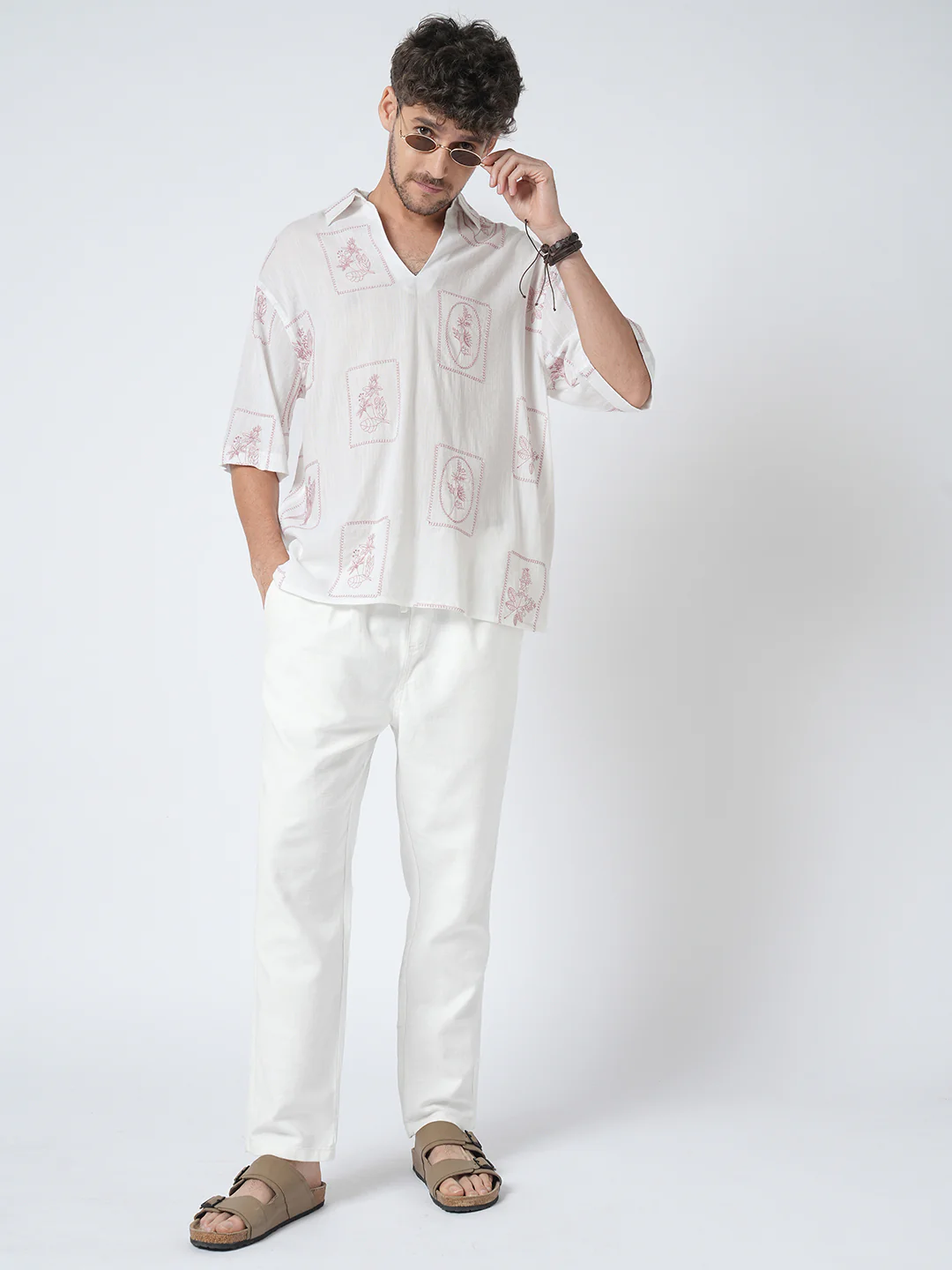 Old Rose Pink Floreal Frame Embroidery Polo Oversized Shirt - Image 8