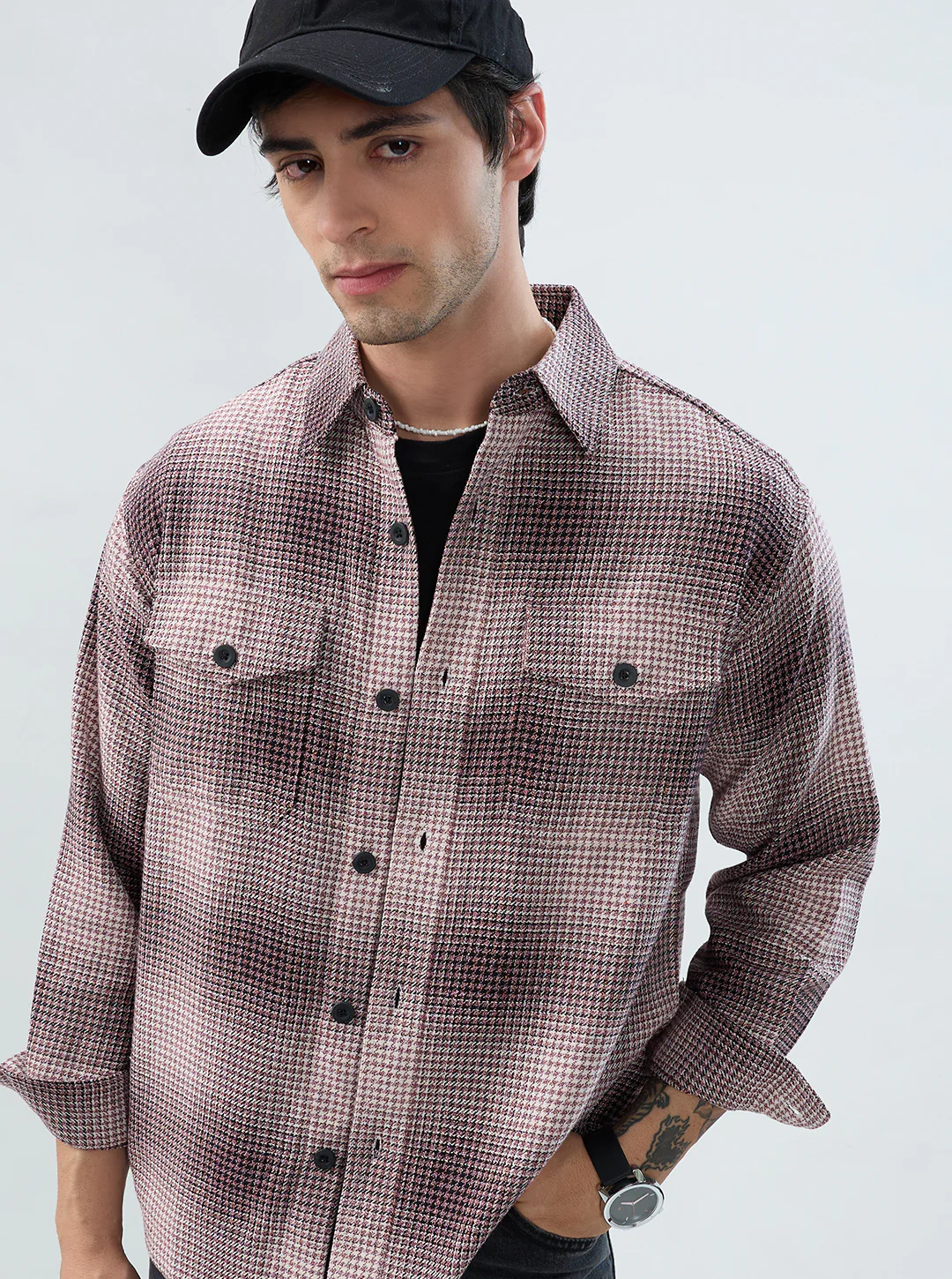 Old-School Red & Black Houndstooth Twin Pocket Flannel Shirt - Image 2