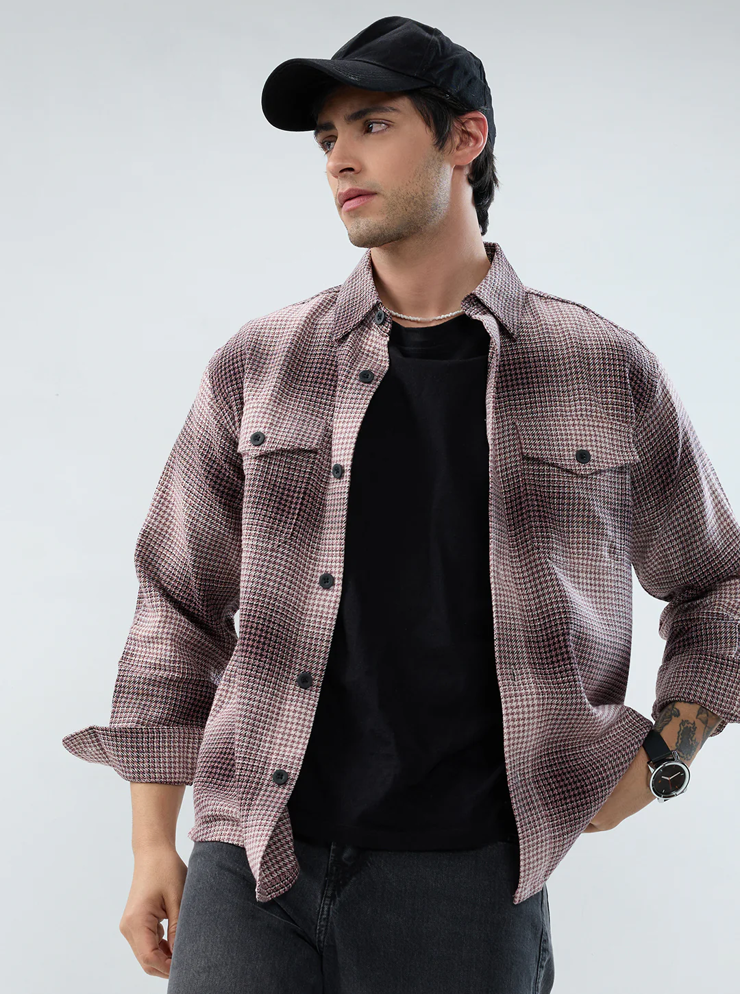 Old-School Red & Black Houndstooth Twin Pocket Flannel Shirt - Image 4