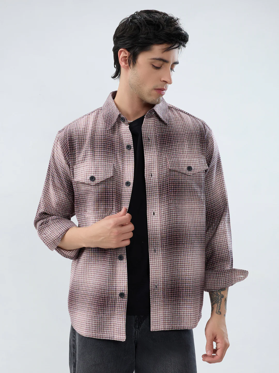 Old-School Red & Black Houndstooth Twin Pocket Flannel Shirt - Image 5