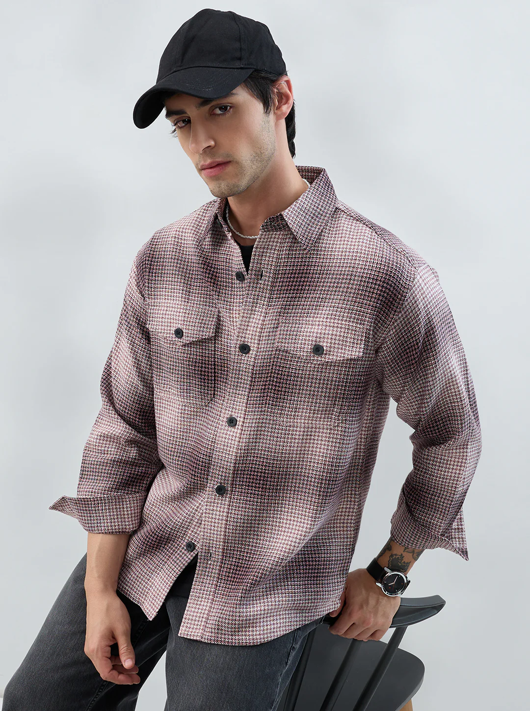 Old-School Red & Black Houndstooth Twin Pocket Flannel Shirt - Image 6