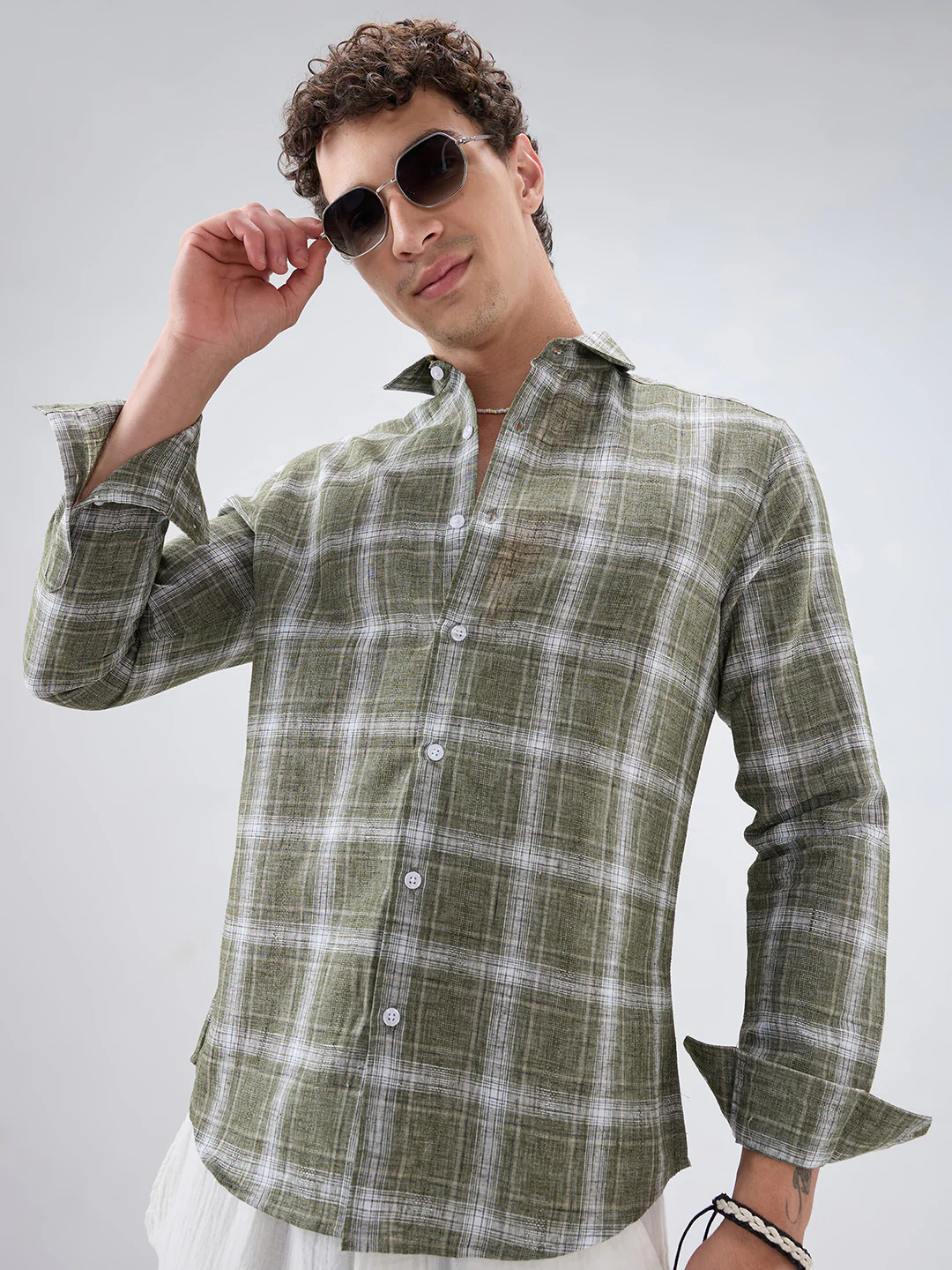 Olive Abstract Grid Checks Textured Shirt - Image 4