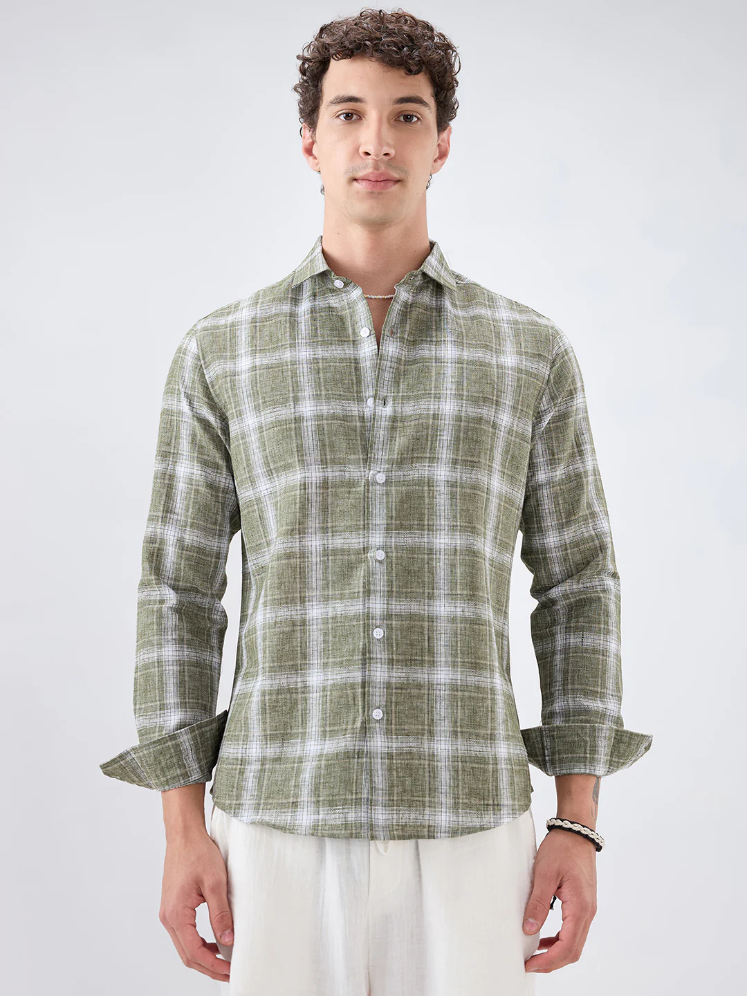 Olive Abstract Grid Checks Textured Shirt - Image 5