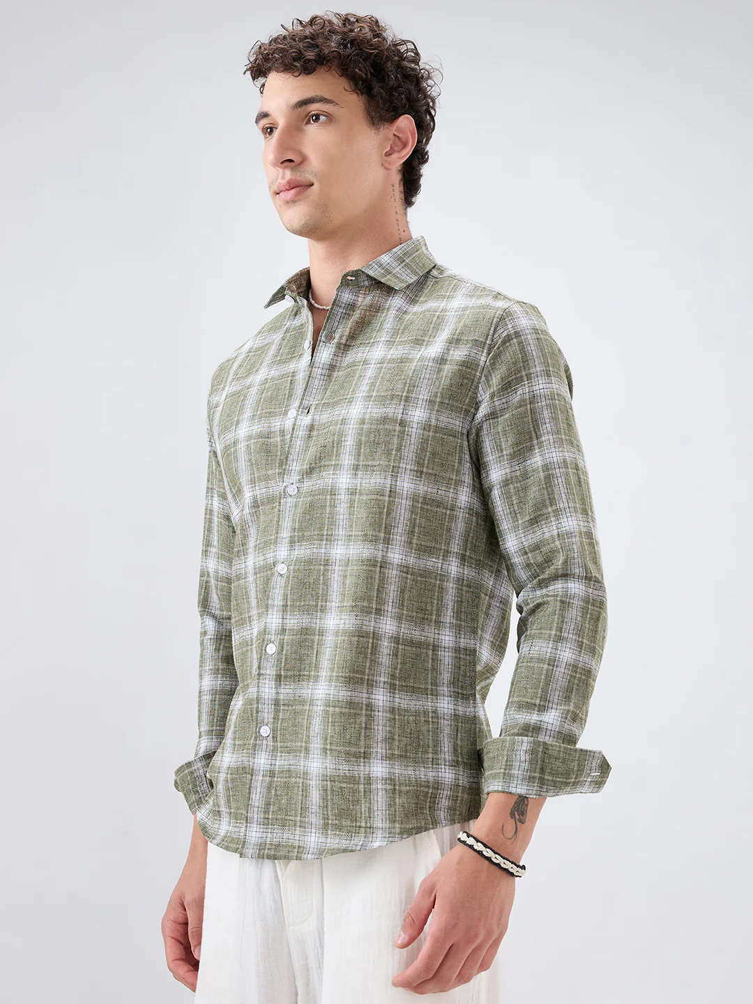 Olive Abstract Grid Checks Textured Shirt - Image 6