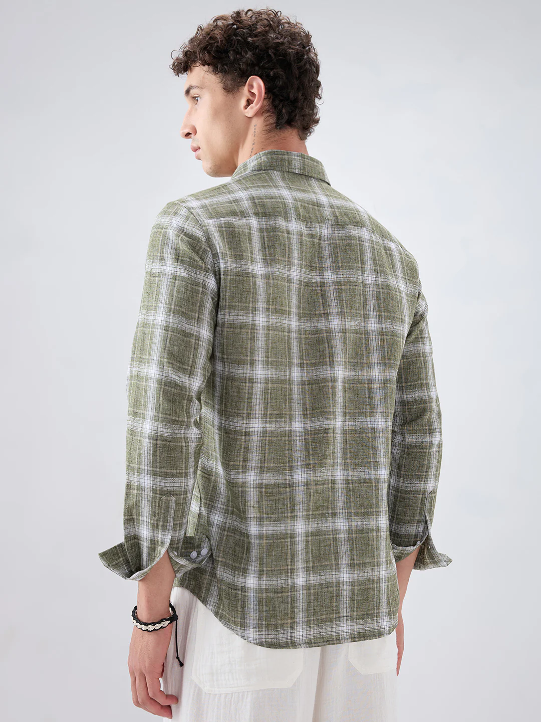 Olive Abstract Grid Checks Textured Shirt - Image 7