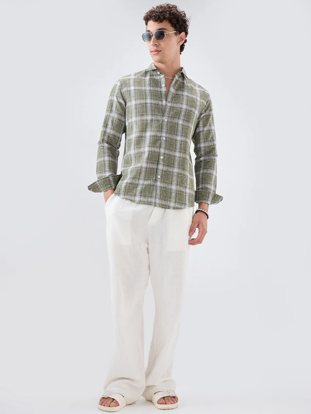 Olive Abstract Grid Checks Textured Shirt - Image 8