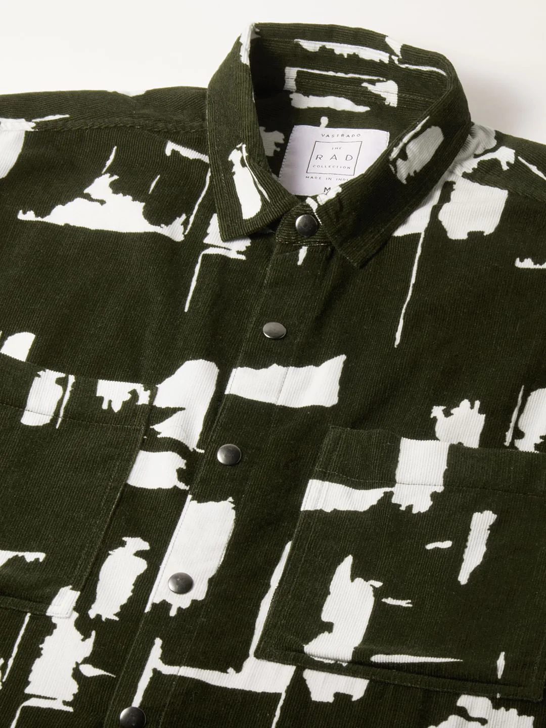 Olive Abstract Printed Double Pocket Corduroy Shirt - Image 3