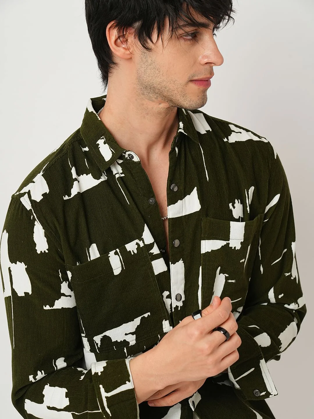 Olive Abstract Printed Double Pocket Corduroy Shirt - Image 4