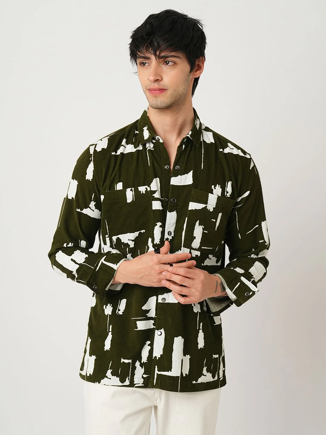 Olive Abstract Printed Double Pocket Corduroy Shirt - Image 5