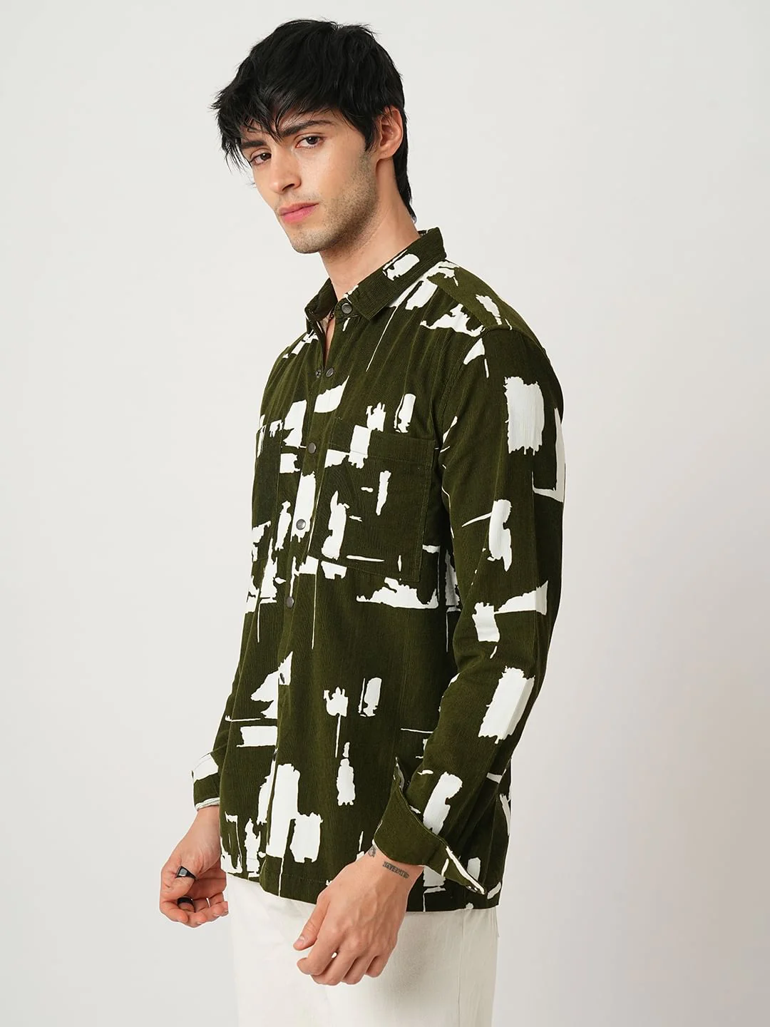 Olive Abstract Printed Double Pocket Corduroy Shirt - Image 6
