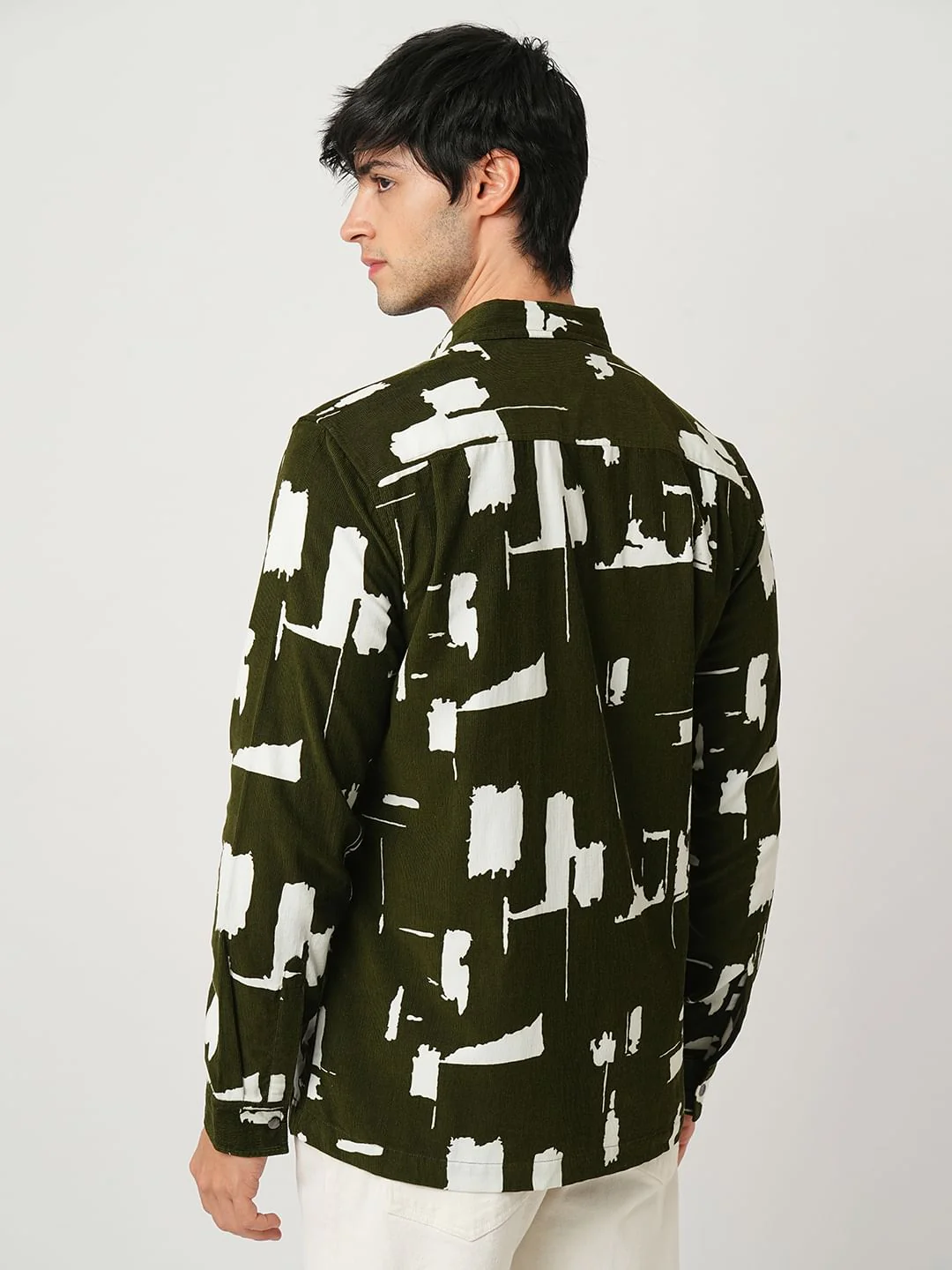 Olive Abstract Printed Double Pocket Corduroy Shirt - Image 7