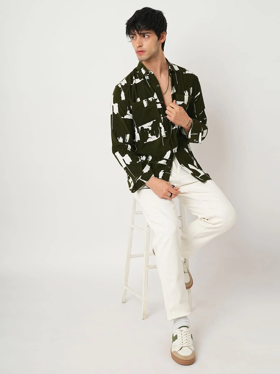 Olive Abstract Printed Double Pocket Corduroy Shirt - Image 8