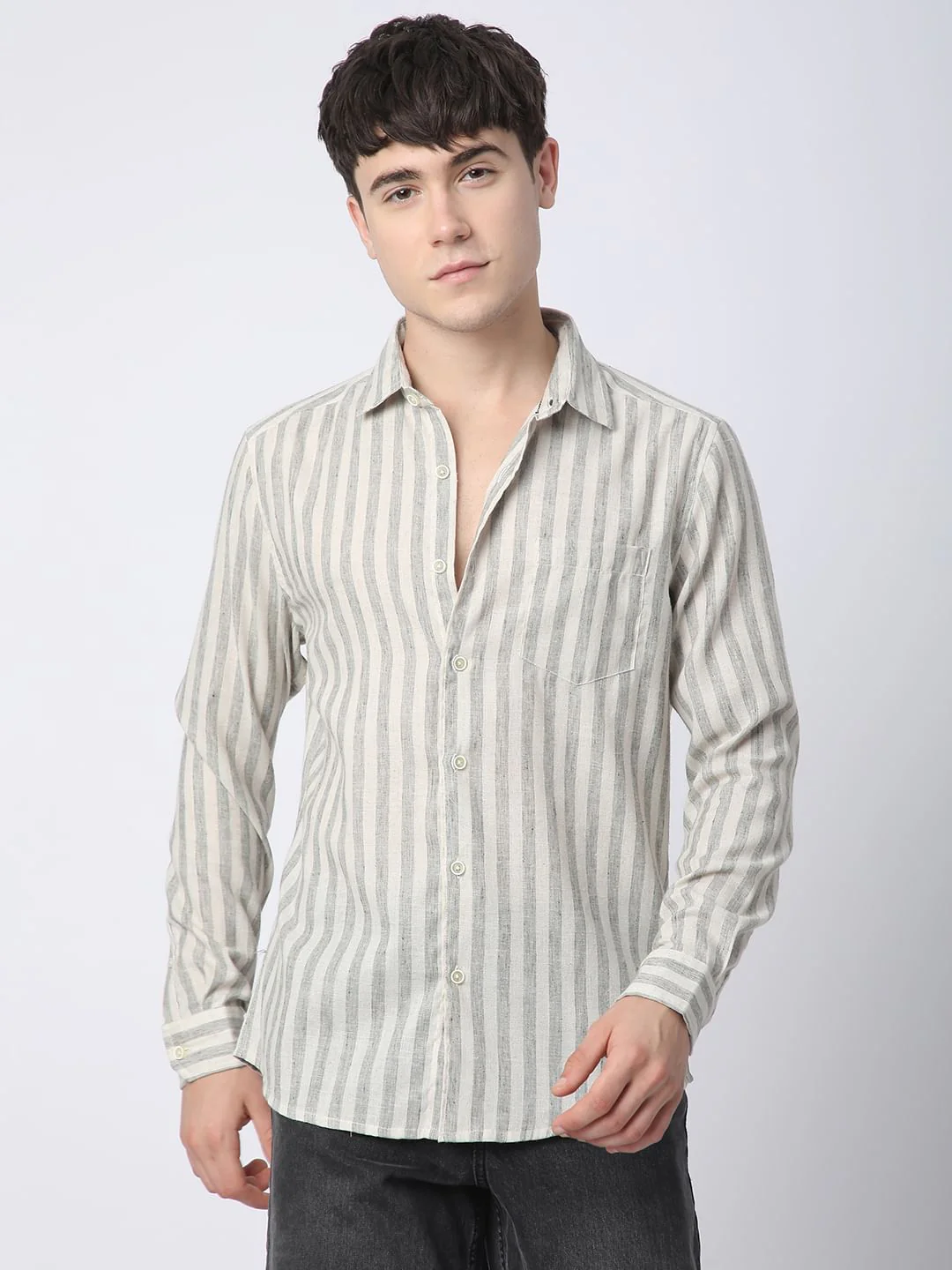 Olive & Ivory Striped Linen Shirt - Image 4