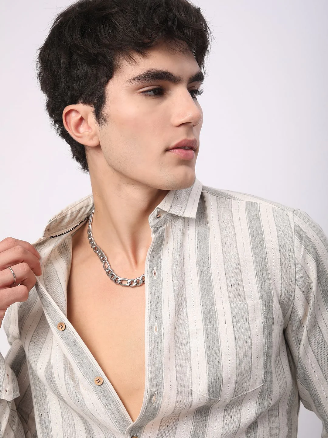 Olive & White Broad Striped Linen Shirt - Image 2