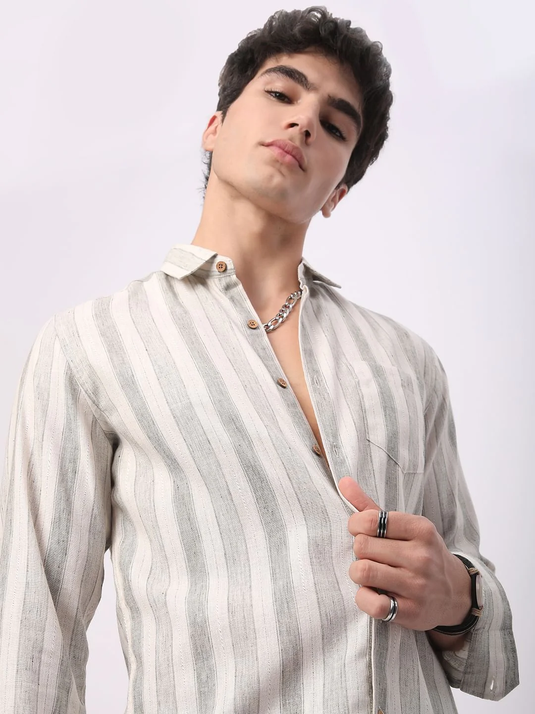 Olive & White Broad Striped Linen Shirt - Image 4