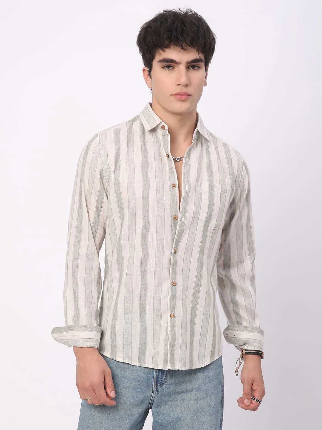 Olive & White Broad Striped Linen Shirt - Image 5