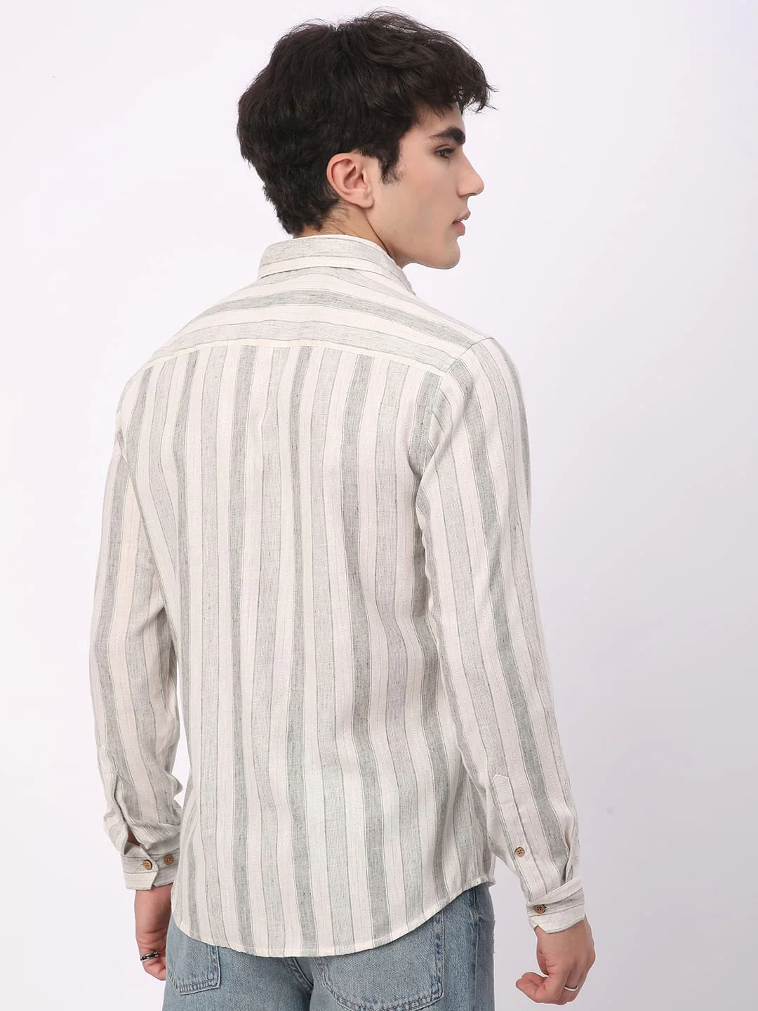 Olive & White Broad Striped Linen Shirt - Image 7