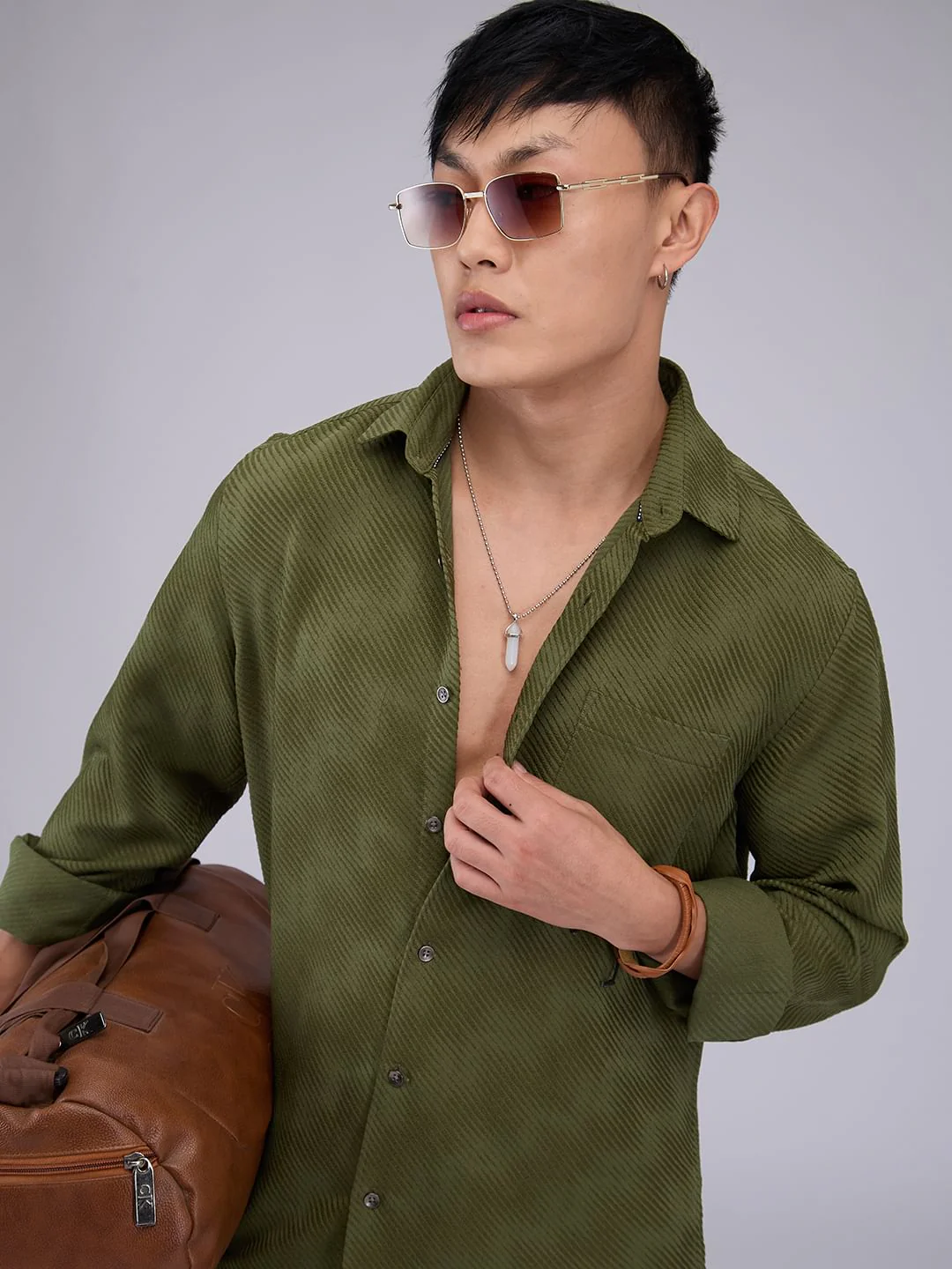 Olive Asymmetric Striped Jacquard Shirt - Image 2