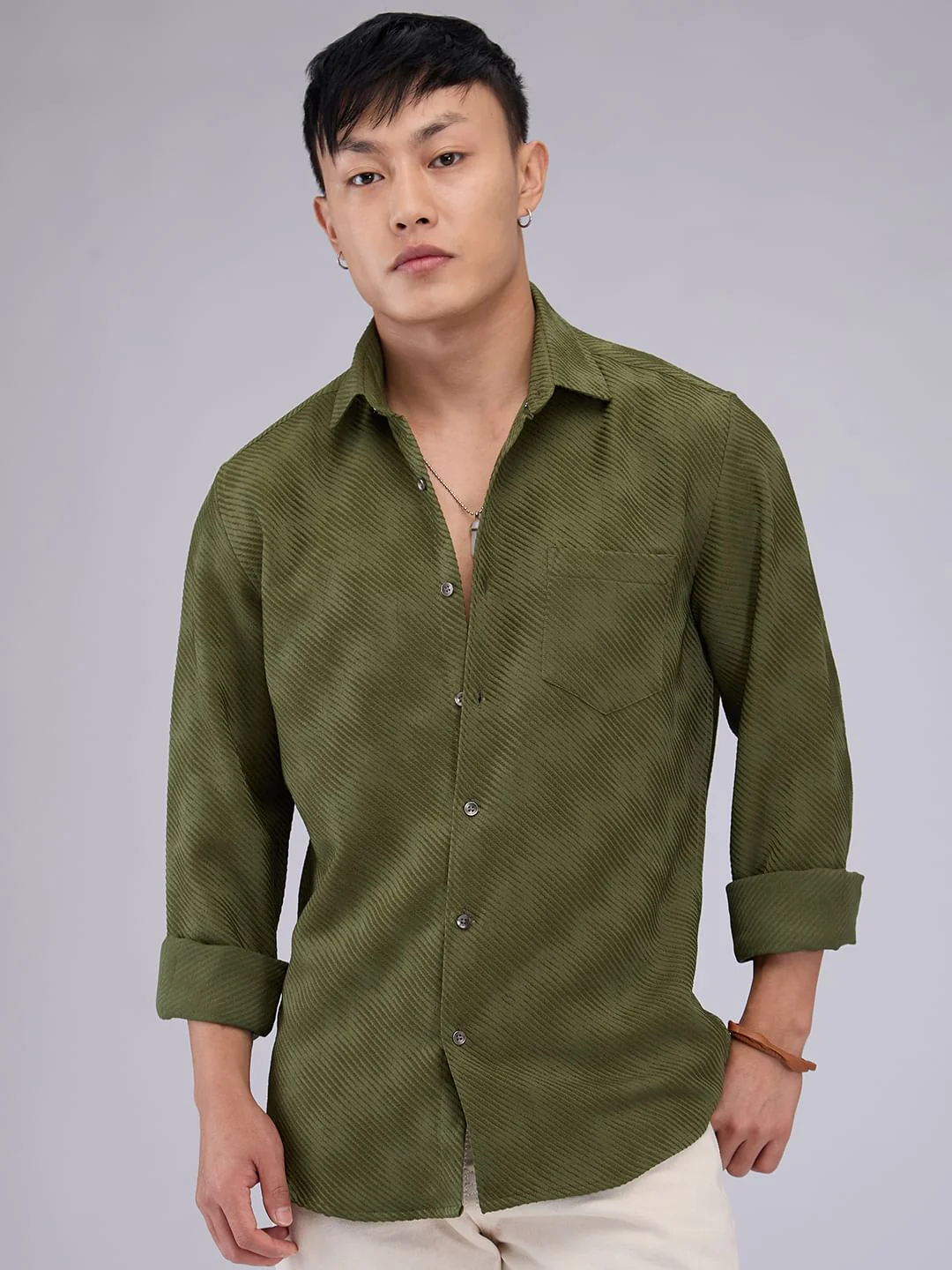 Olive Asymmetric Striped Jacquard Shirt - Image 4