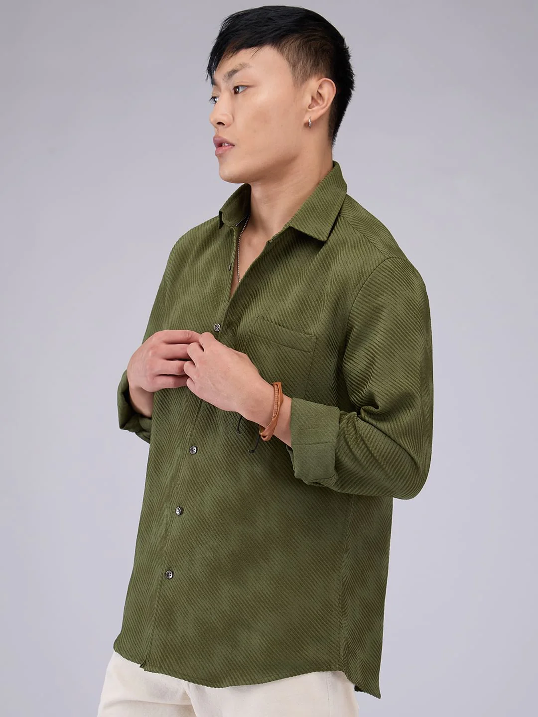 Olive Asymmetric Striped Jacquard Shirt - Image 6