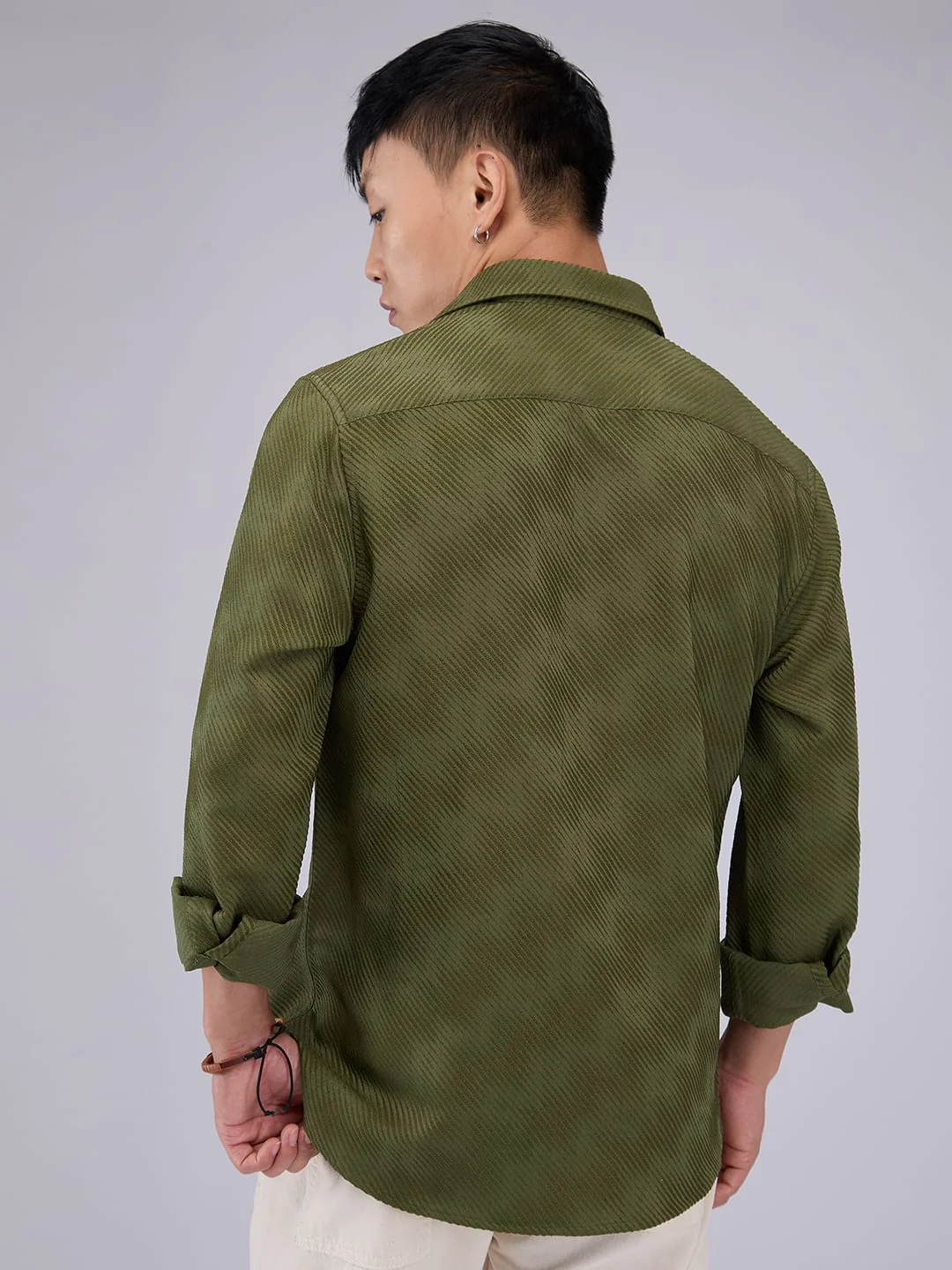 Olive Asymmetric Striped Jacquard Shirt - Image 7