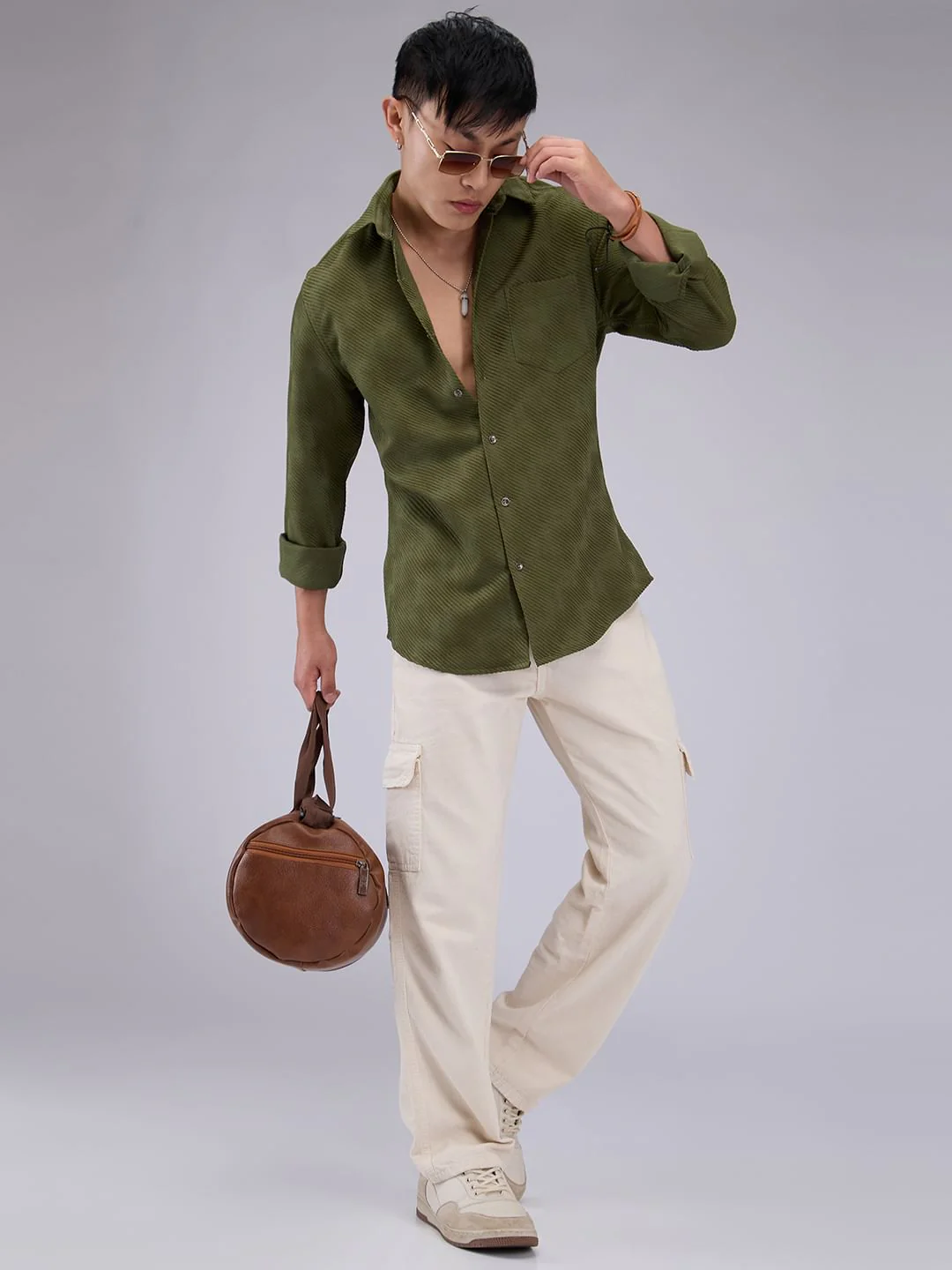 Olive Asymmetric Striped Jacquard Shirt - Image 8