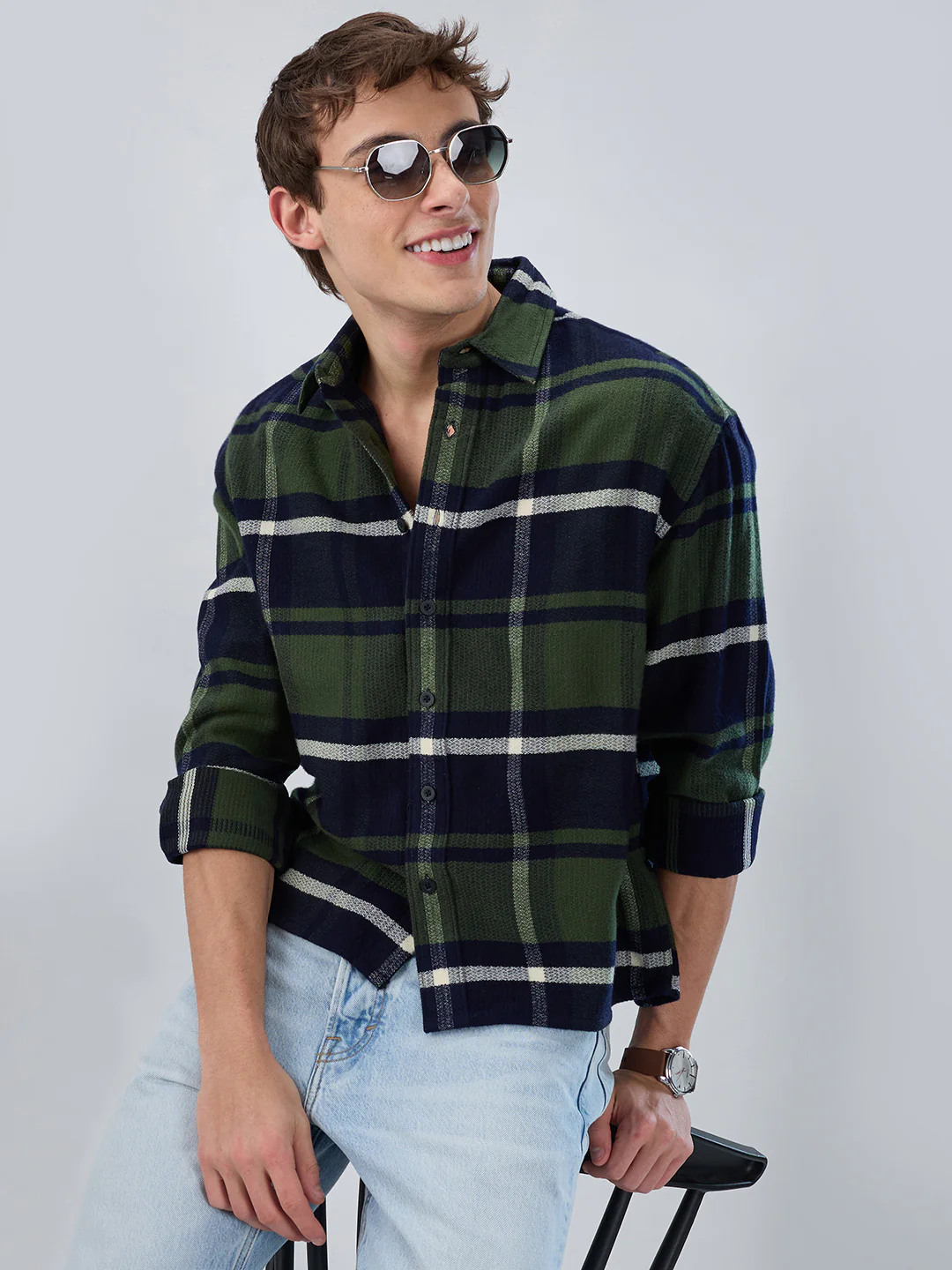 Olive & Navy Checked Boxy Fit Crop Flannel Shirt - Image 2