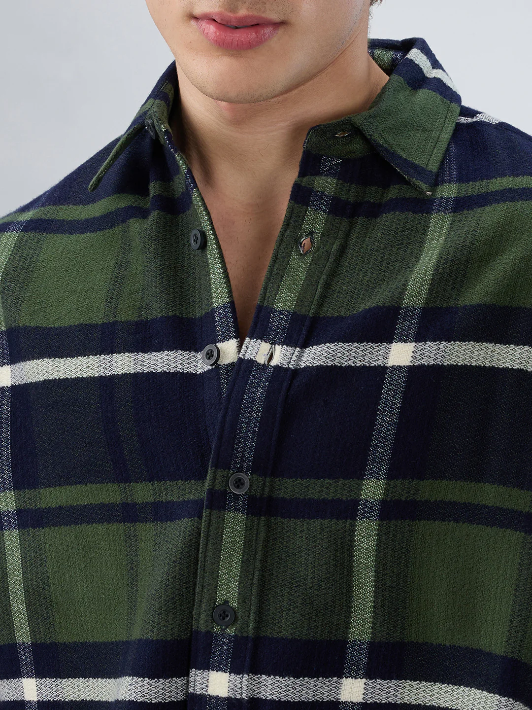 Olive & Navy Checked Boxy Fit Crop Flannel Shirt - Image 3