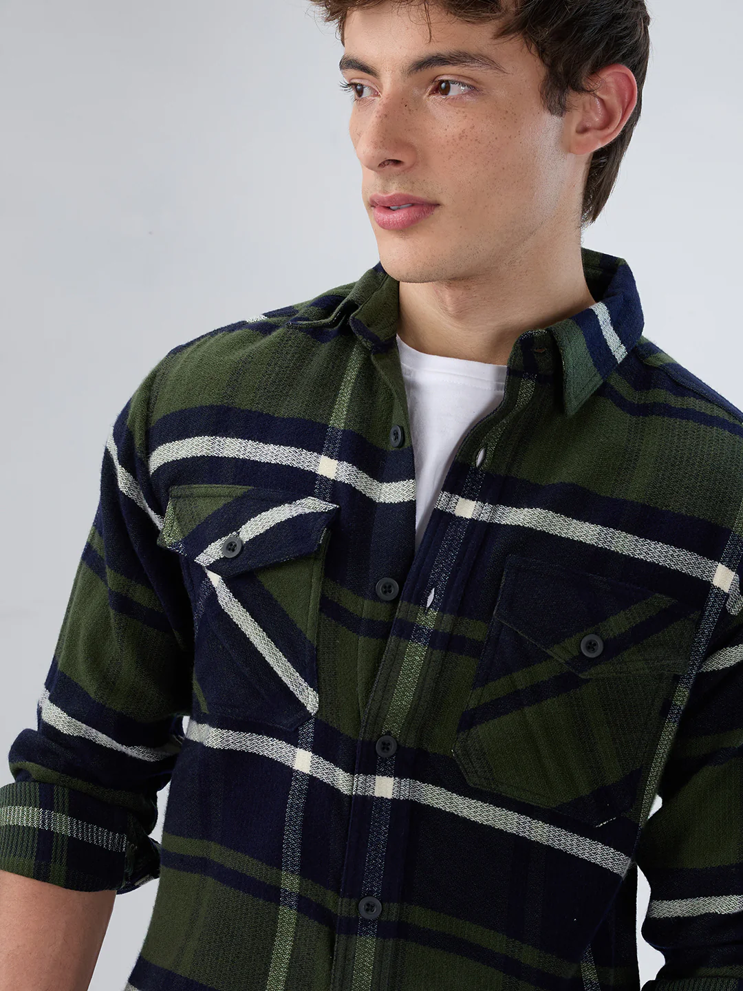 Olive & Black Checked Flannel Overshirt - Image 3