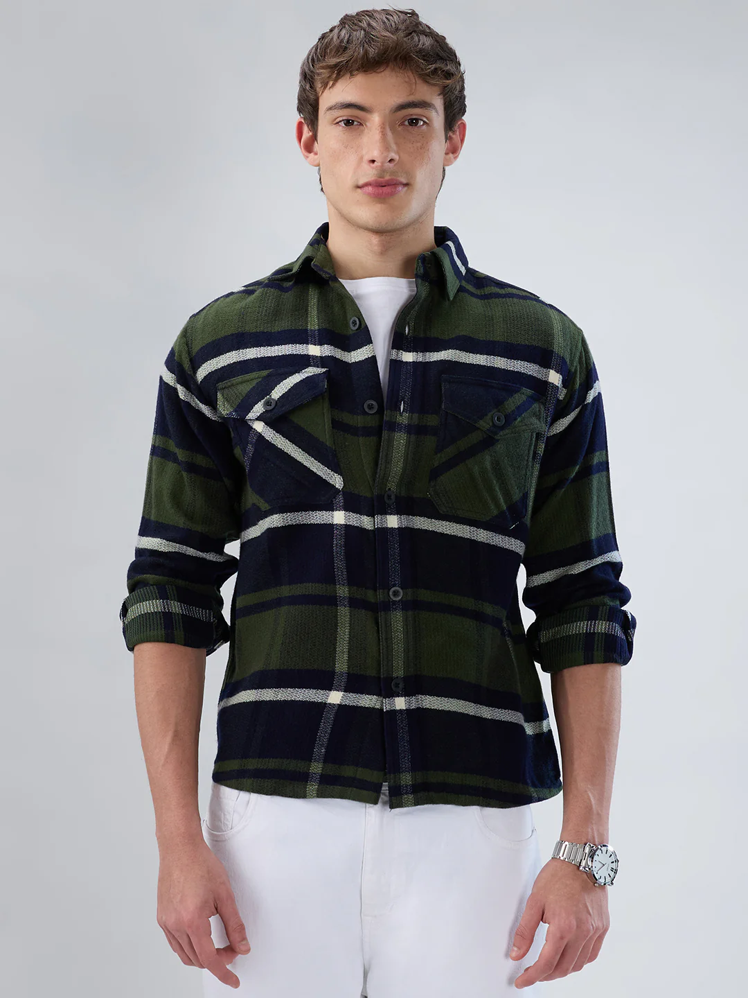 Olive & Black Checked Flannel Overshirt - Image 5